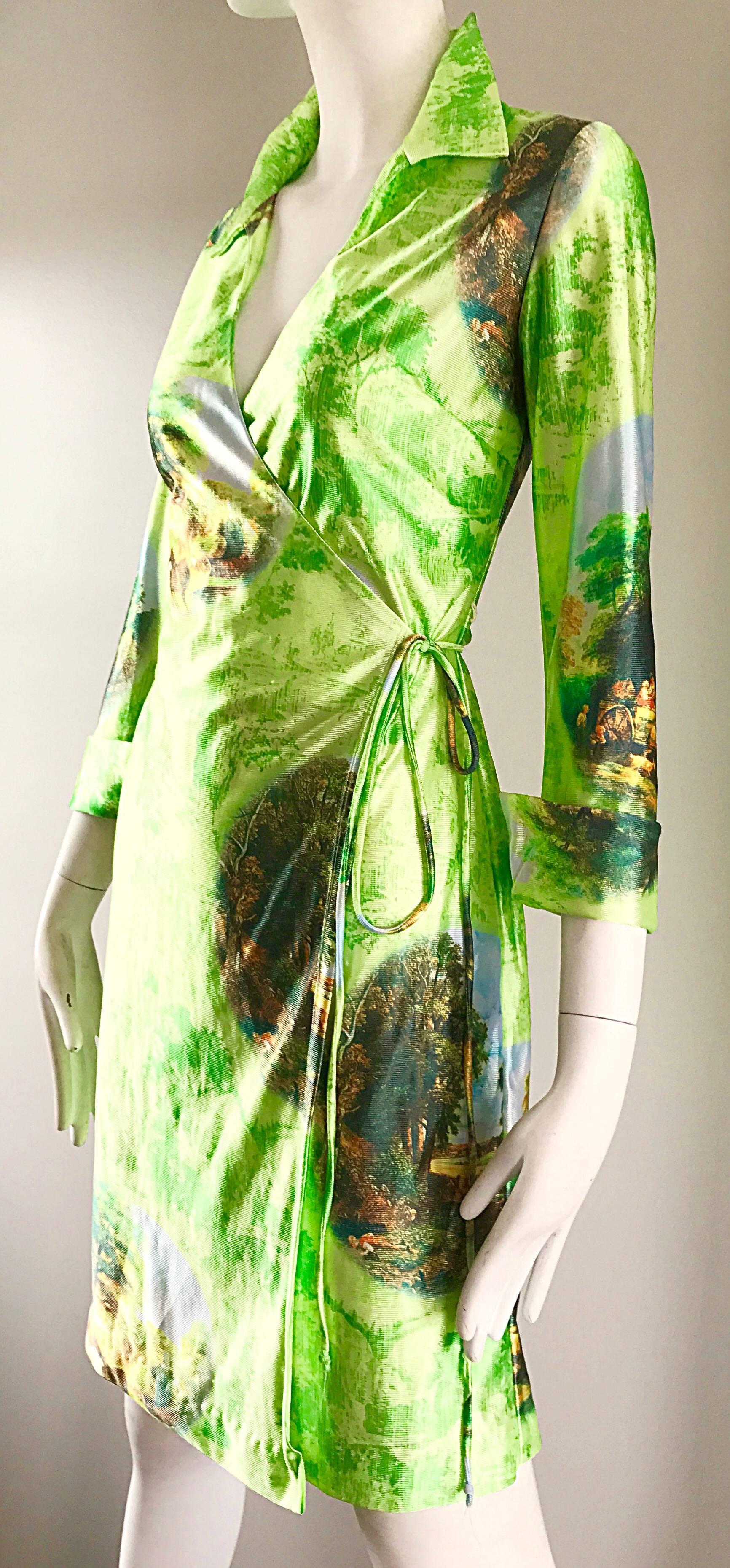 Fabulous 1990s Does 1970s Neon Green Novelty Horse Print Vintage 90s Wrap Dress In Excellent Condition For Sale In San Diego, CA