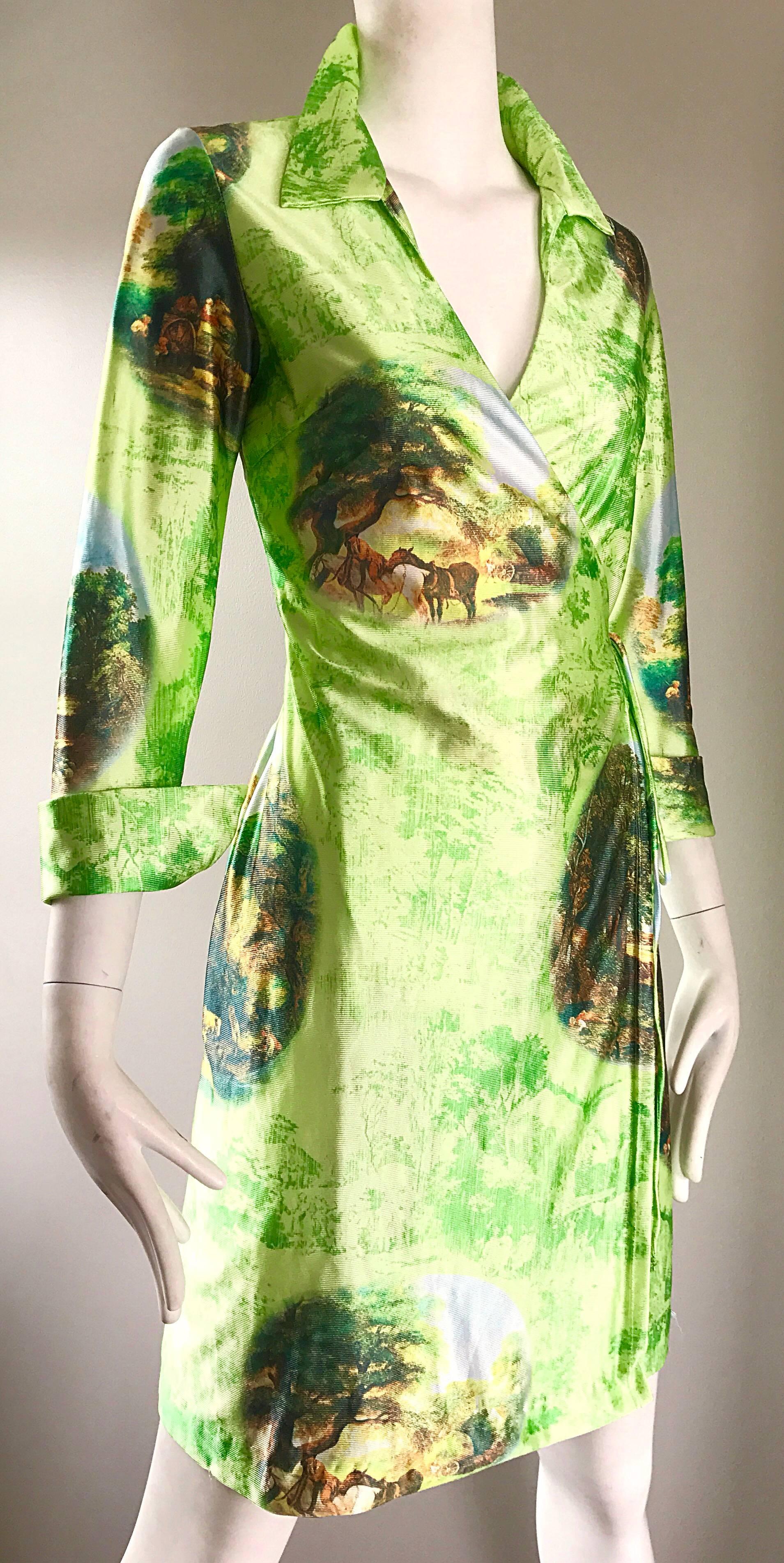 Women's Fabulous 1990s Does 1970s Neon Green Novelty Horse Print Vintage 90s Wrap Dress For Sale