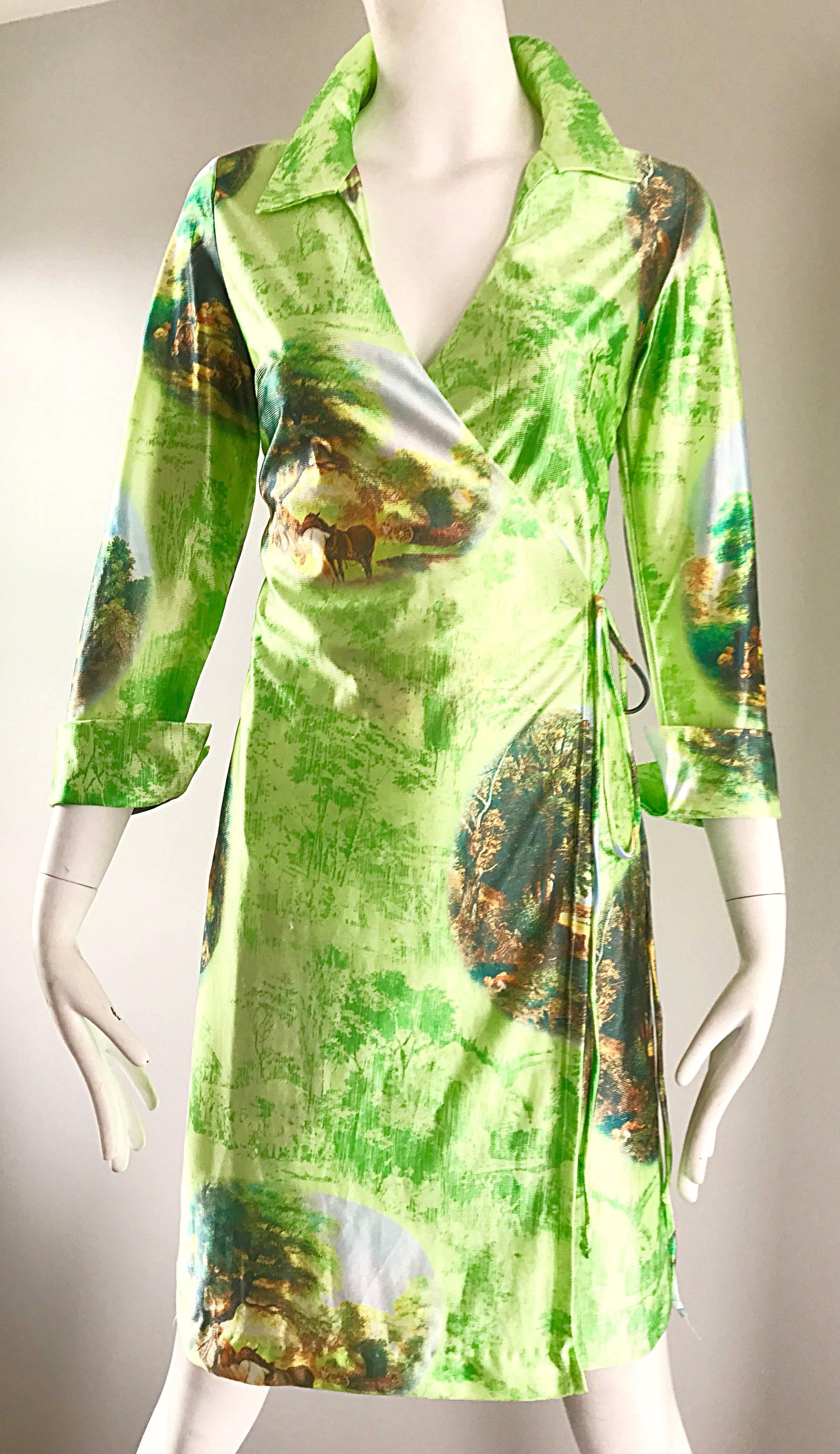 Fabulous 1990s Does 1970s Neon Green Novelty Horse Print Vintage 90s Wrap Dress For Sale 1