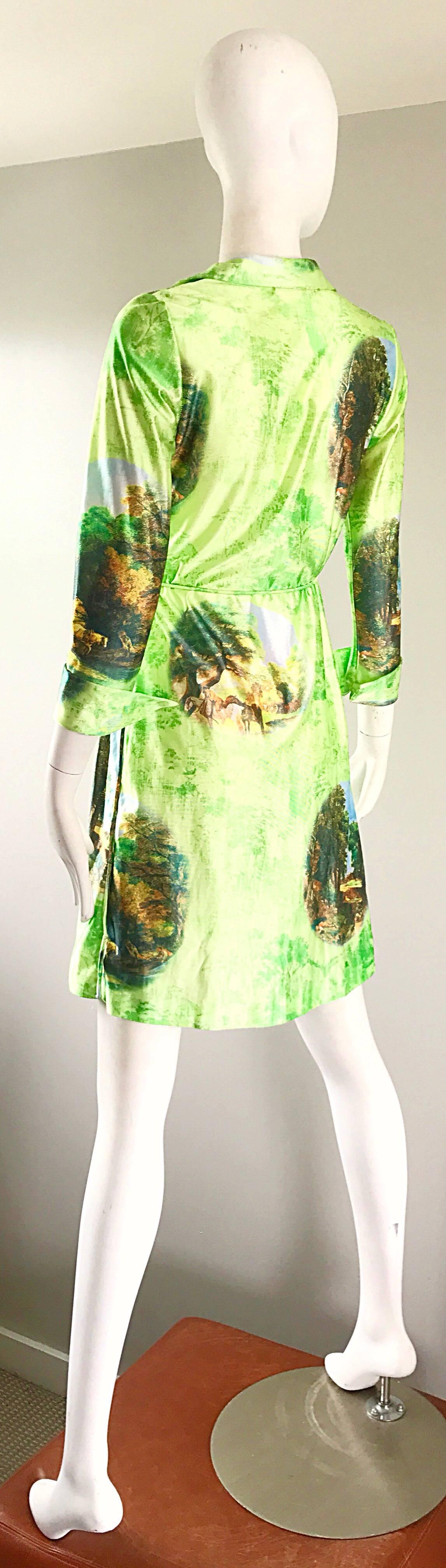 Fabulous 1990s Does 1970s Neon Green Novelty Horse Print Vintage 90s Wrap Dress For Sale 2