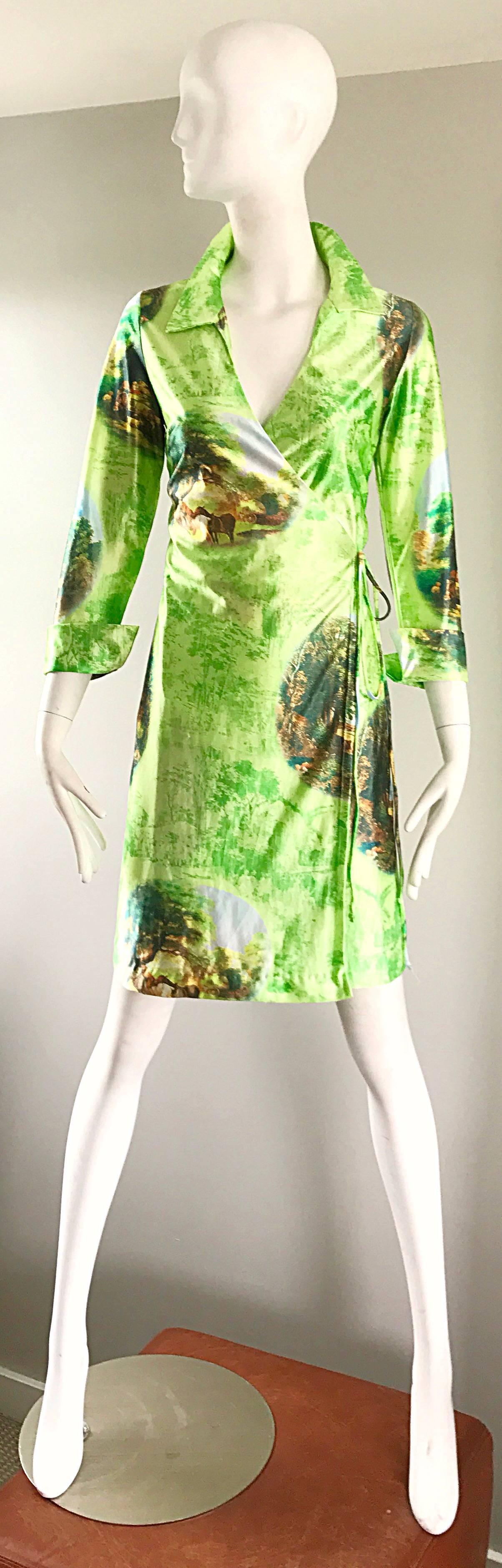 Fabulous 1990s Does 1970s Neon Green Novelty Horse Print Vintage 90s Wrap Dress For Sale 3