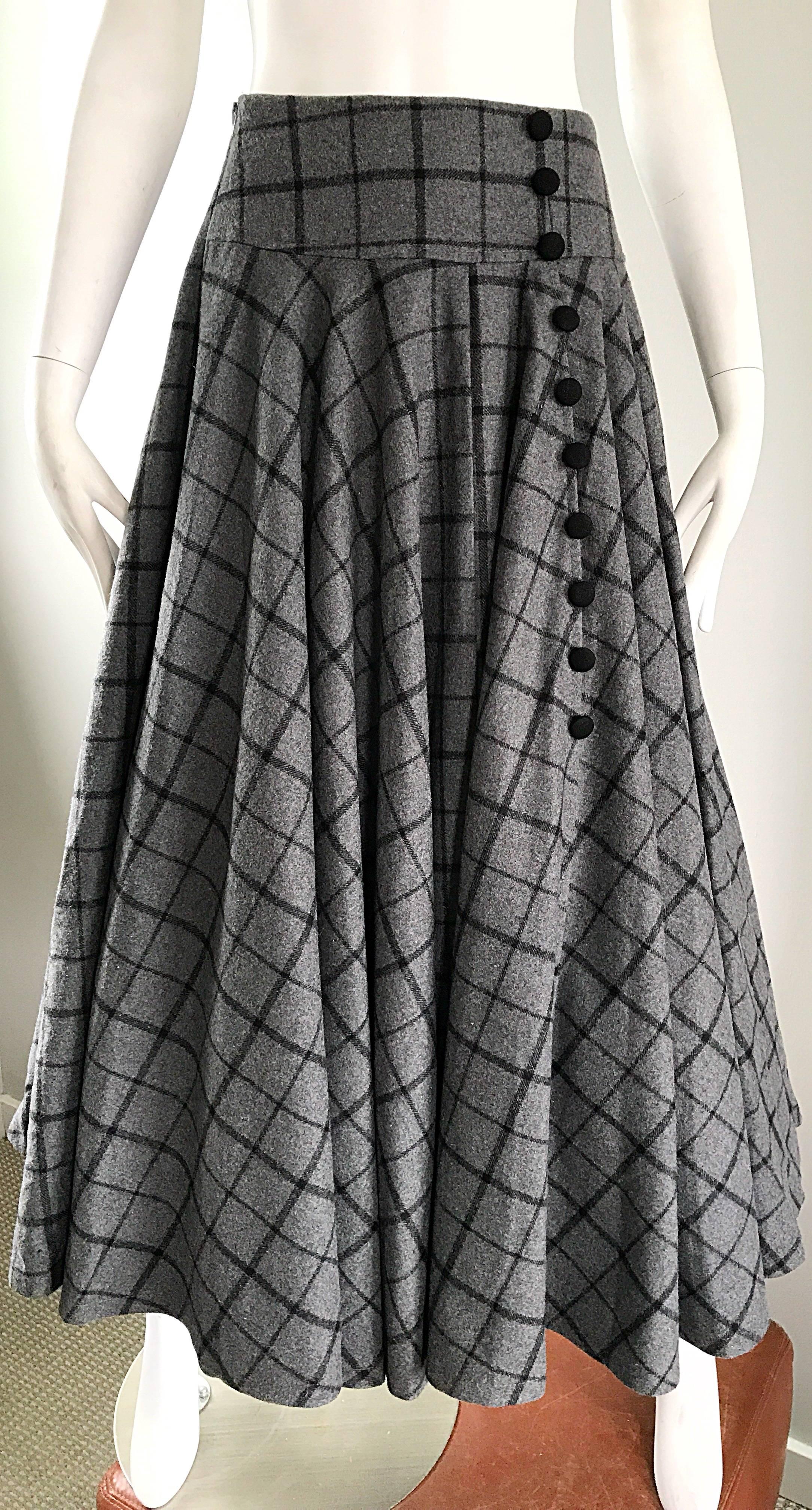 Women's 1950s Grey and Black Windowpane Checkered Print Wool Vintage 50s Maxi Skirt