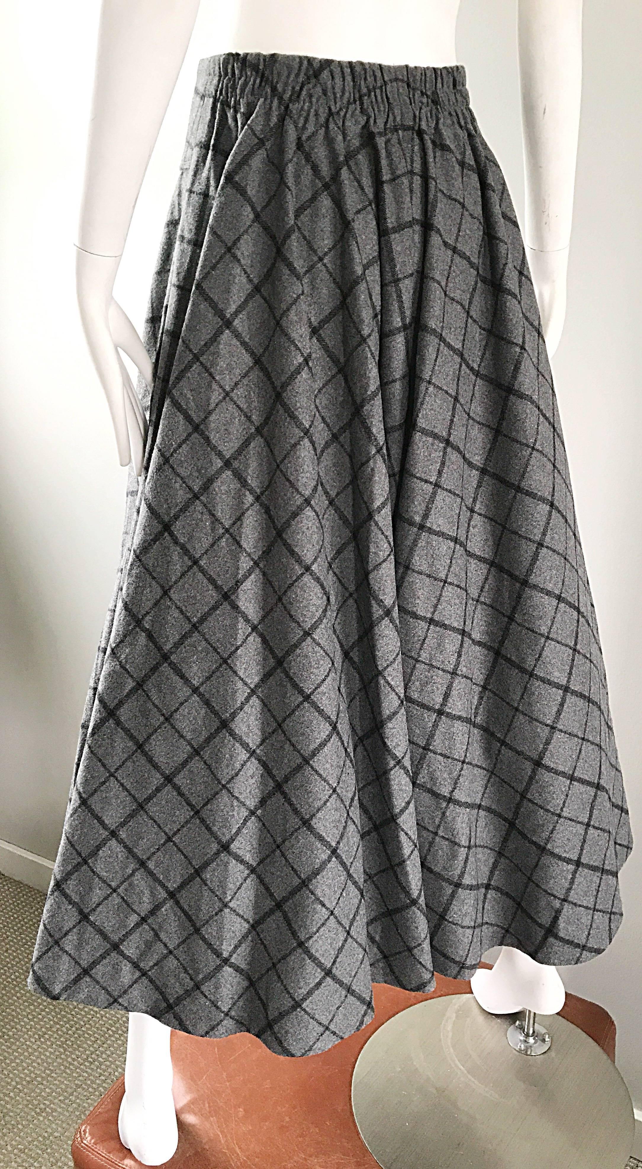 1950s Grey and Black Windowpane Checkered Print Wool Vintage 50s Maxi Skirt 1