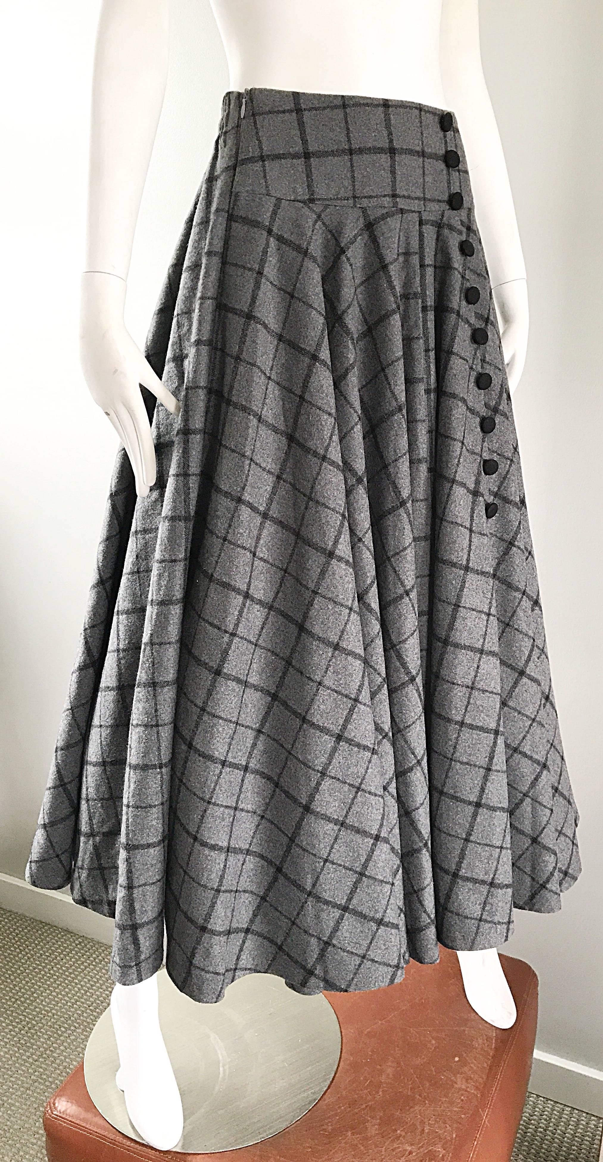 1950s Grey and Black Windowpane Checkered Print Wool Vintage 50s Maxi Skirt 2