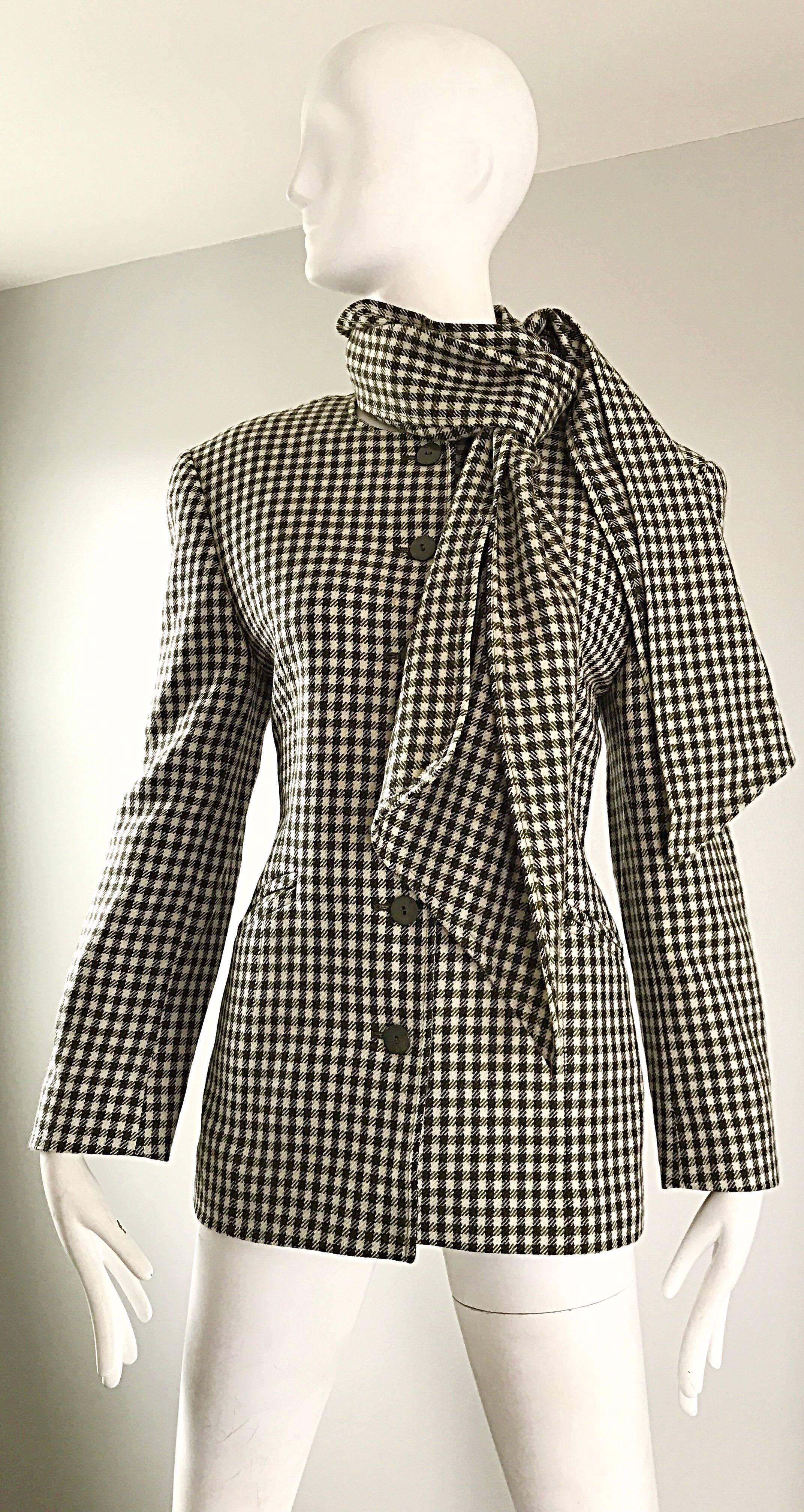 Chic 90s vintage ESCADA by MARGARETHA LEY forest green and ivory houndstooth checkered blazer jacket, and matching scarf! Green buttons up the front of the jacket. Pocket at each side of the waist. Smart tailored slim fit. Fully lined. 100% virgin