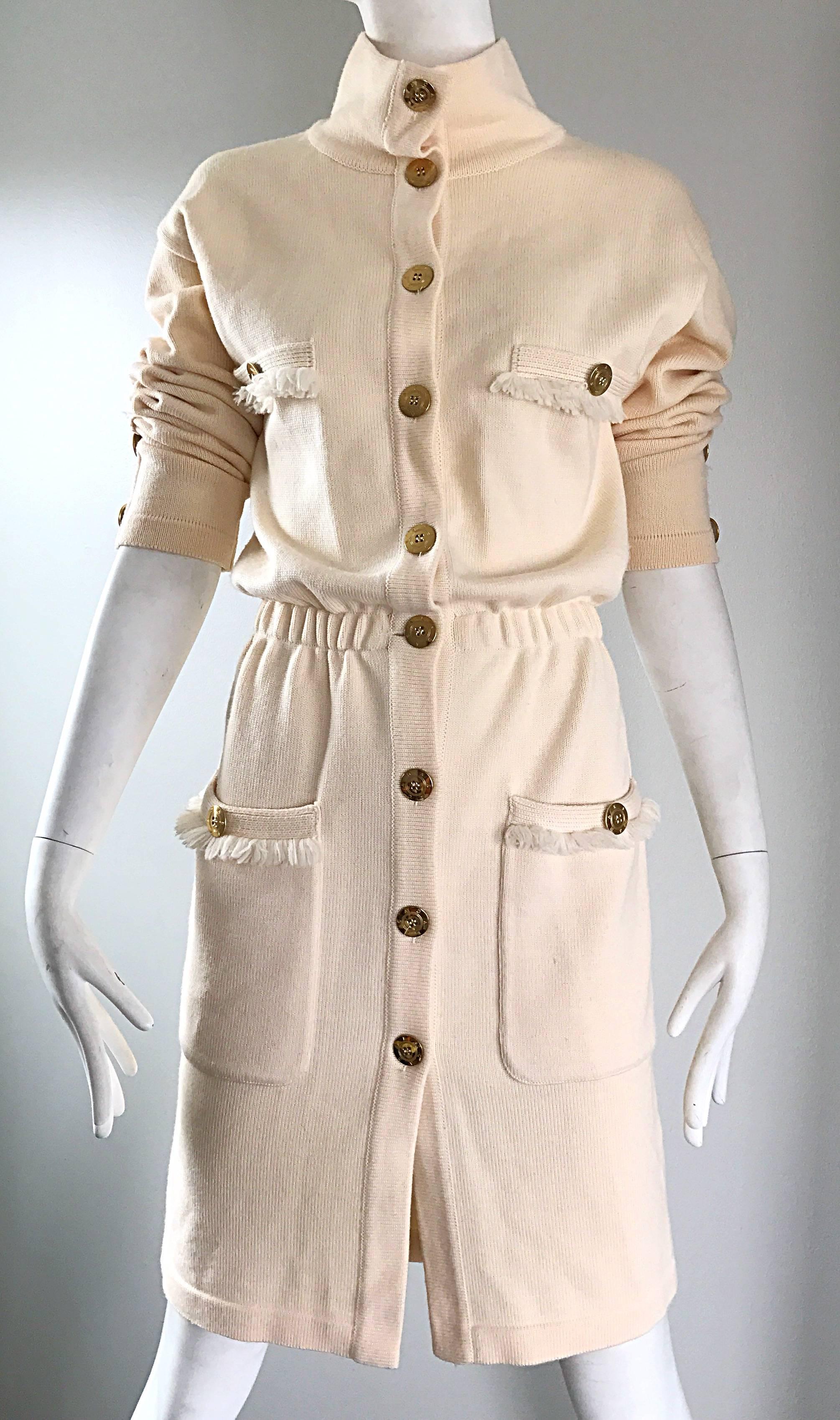 Beige Vintage Escada by Margaretha Ley Ivory Wool + Cashmere 1990s 90s Sweater Dress