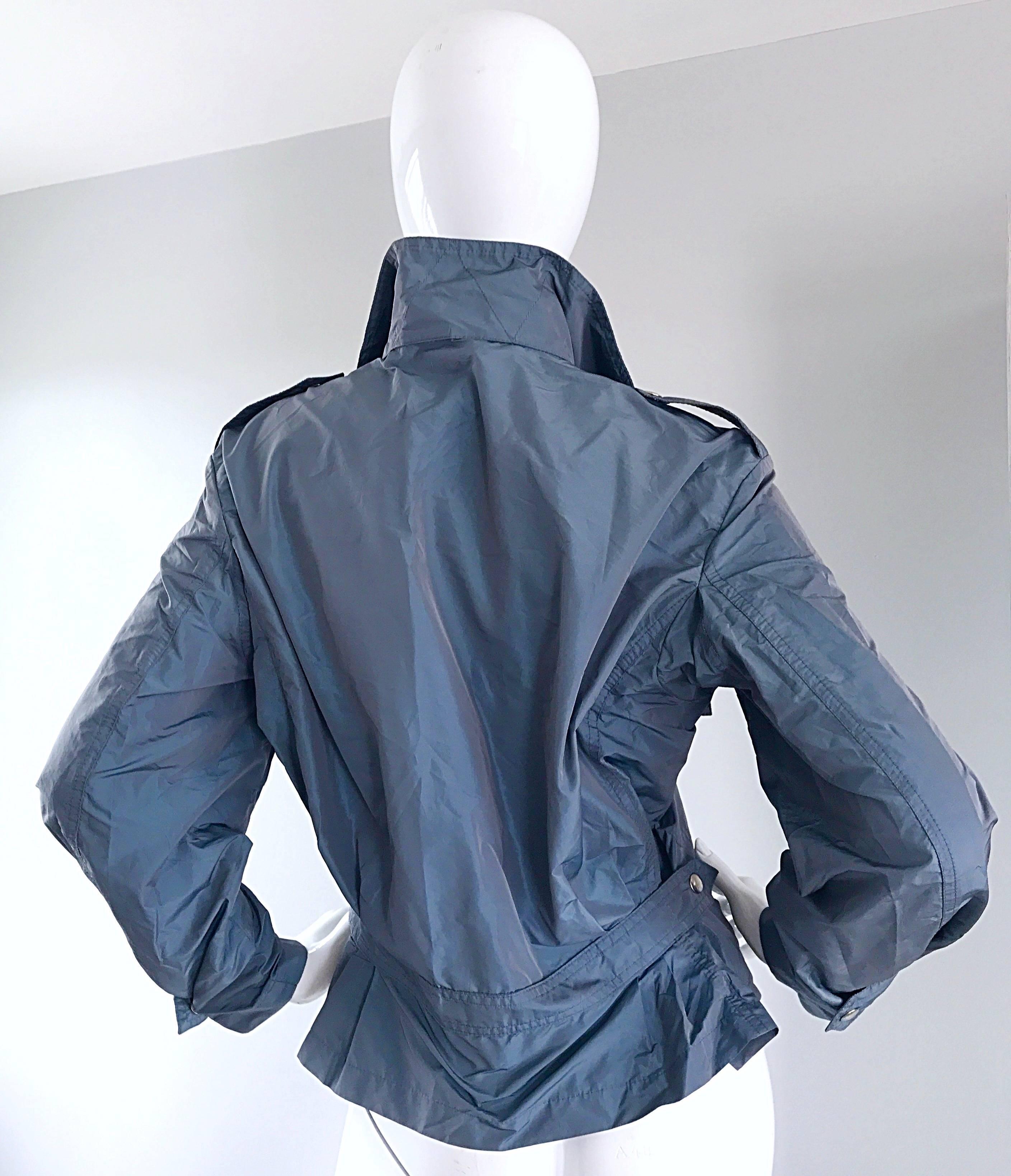 1990s Krizia Steel Blue Grey 90s Stylish Vintage Windbreaker Moto Jacket In Excellent Condition For Sale In San Diego, CA