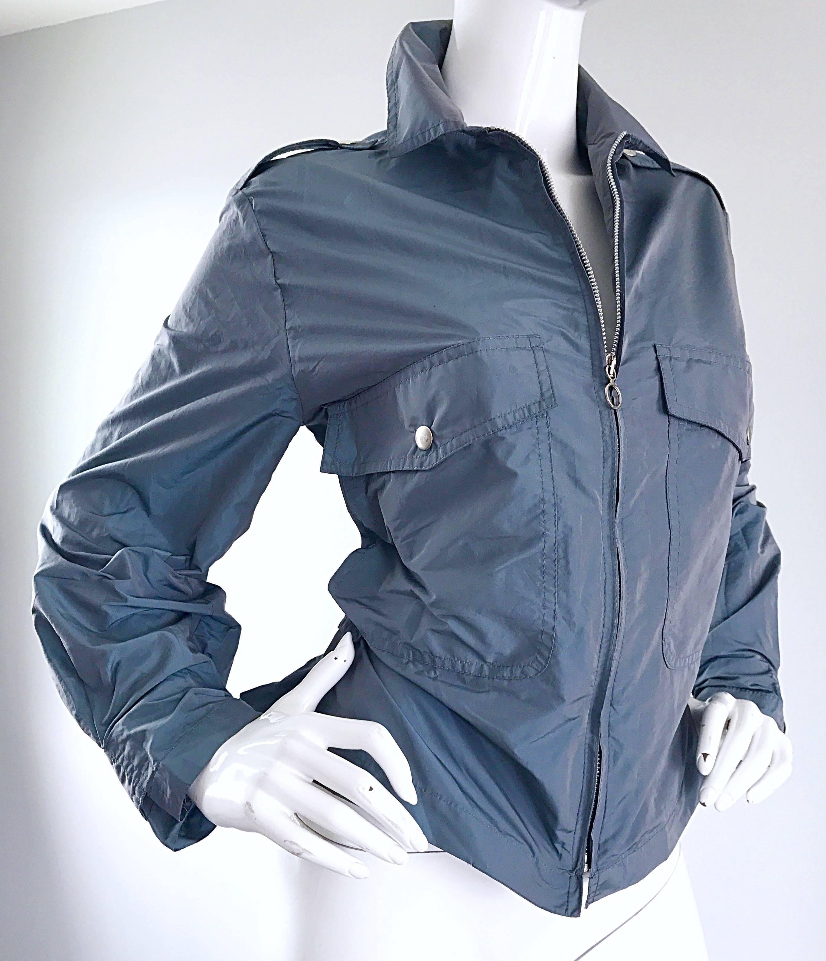 Women's or Men's 1990s Krizia Steel Blue Grey 90s Stylish Vintage Windbreaker Moto Jacket For Sale