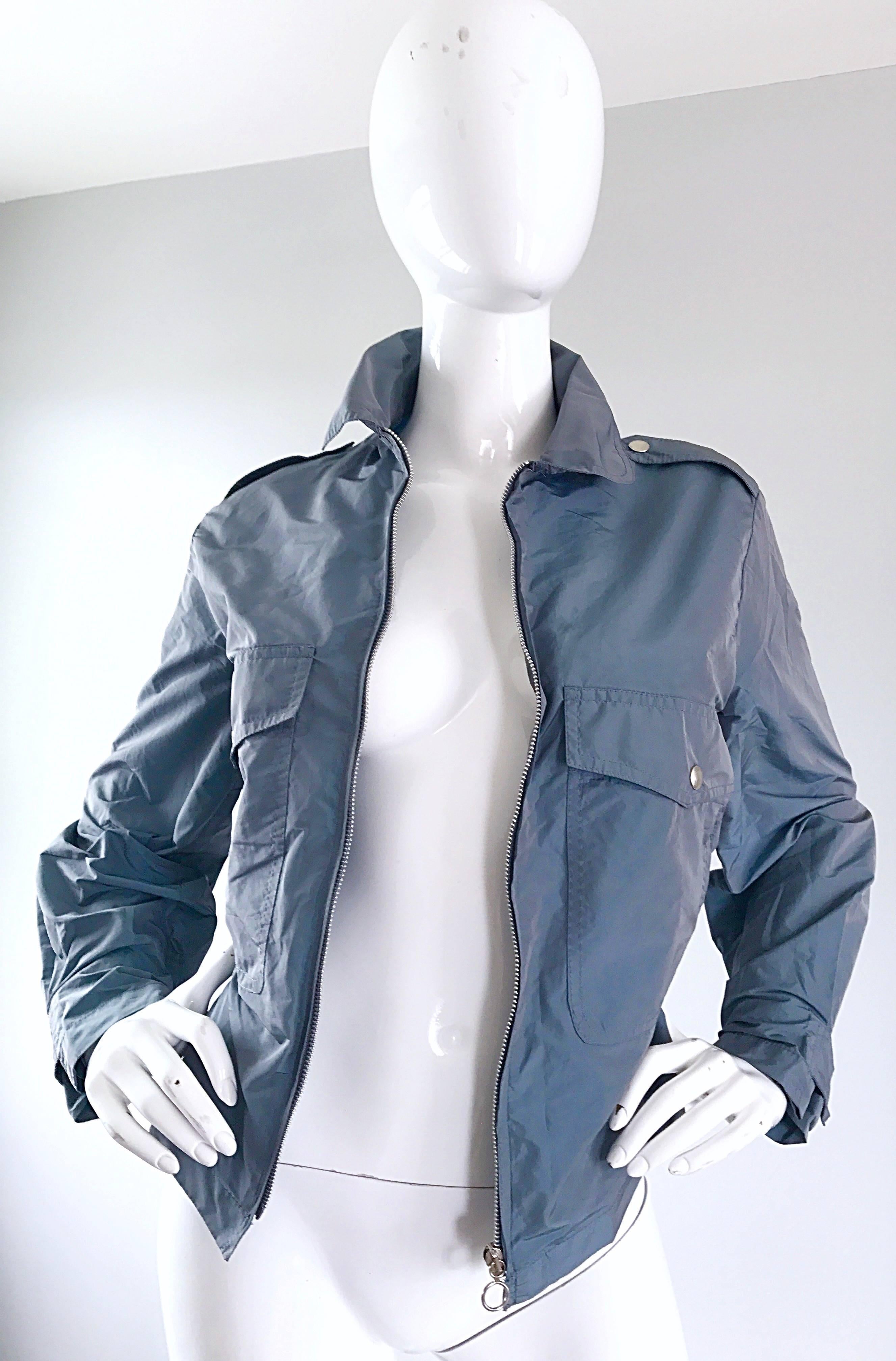 1990s Krizia Steel Blue Grey 90s Stylish Vintage Windbreaker Moto Jacket For Sale 1