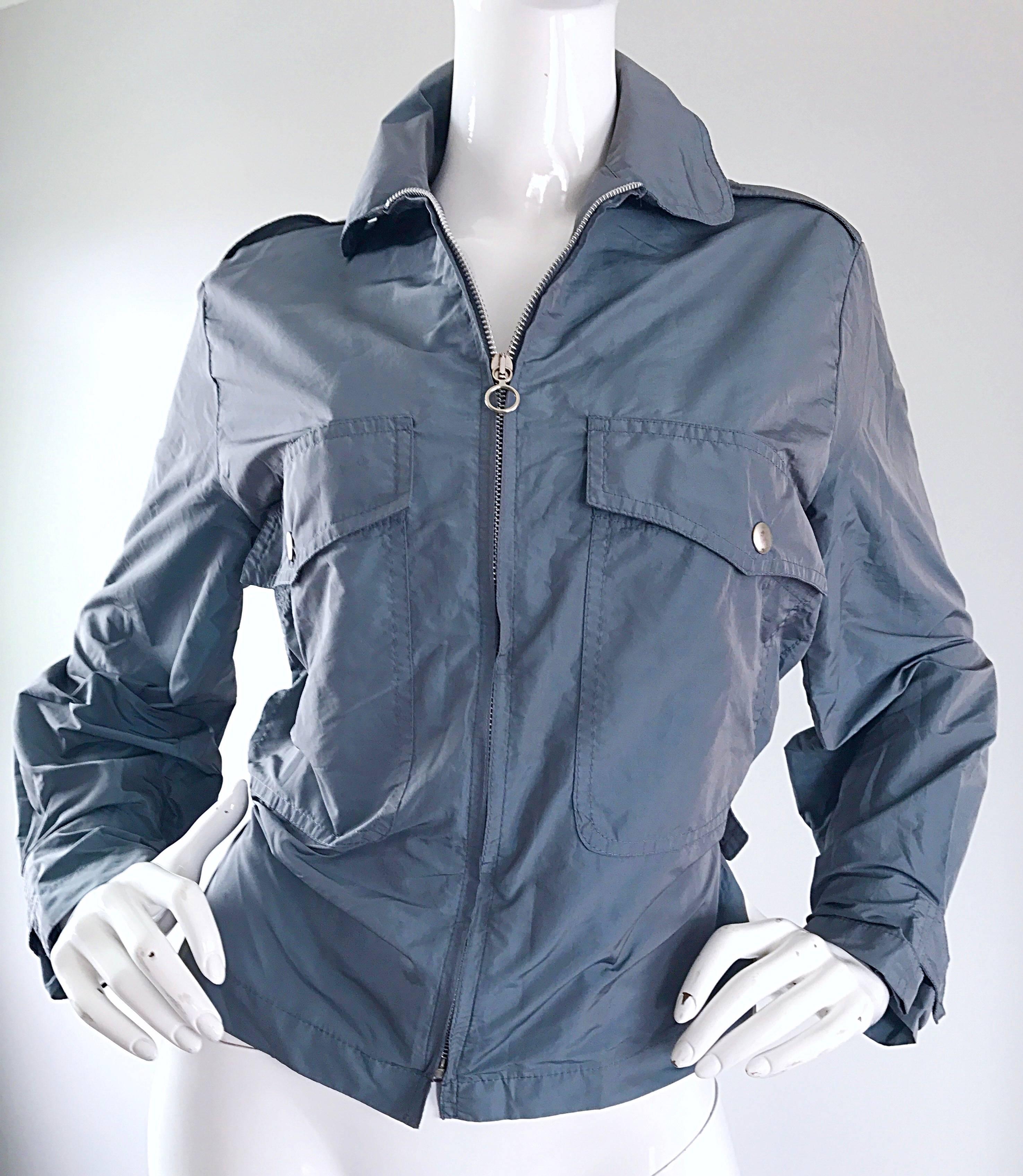 1990s Krizia Steel Blue Grey 90s Stylish Vintage Windbreaker Moto Jacket For Sale 5