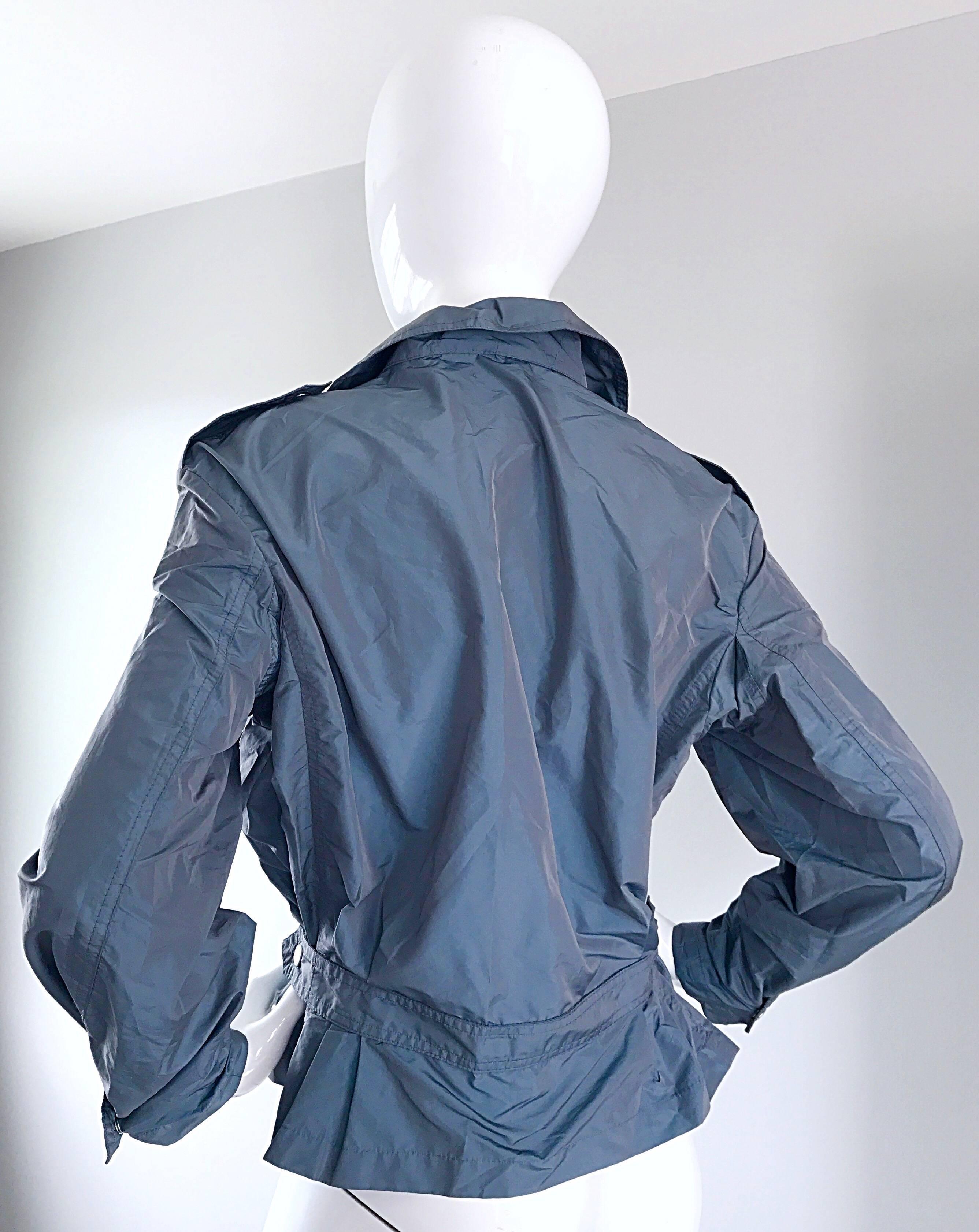 1990s Krizia Steel Blue Grey 90s Stylish Vintage Windbreaker Moto Jacket For Sale 2