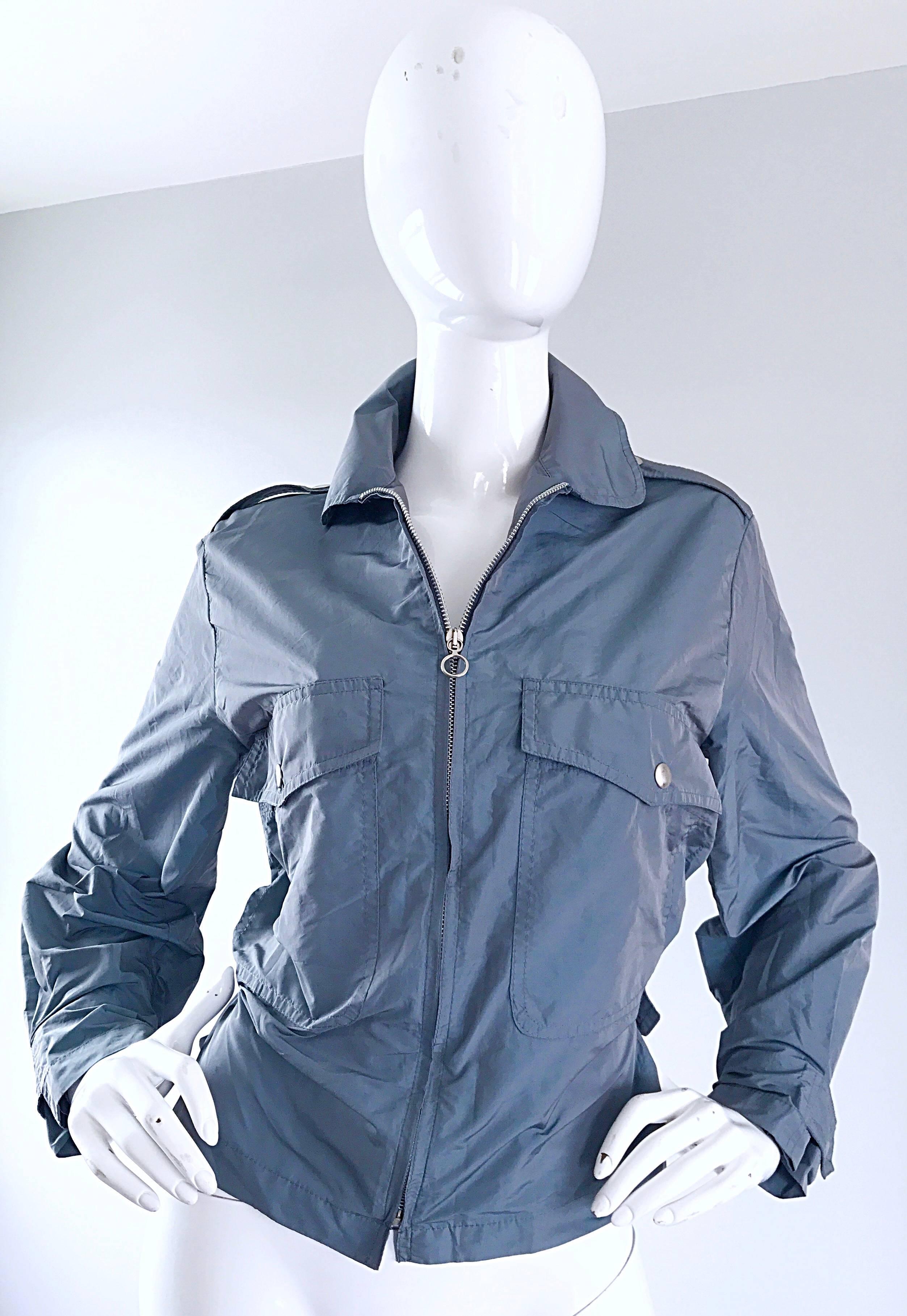 1990s Krizia Steel Blue Grey 90s Stylish Vintage Windbreaker Moto Jacket For Sale 3