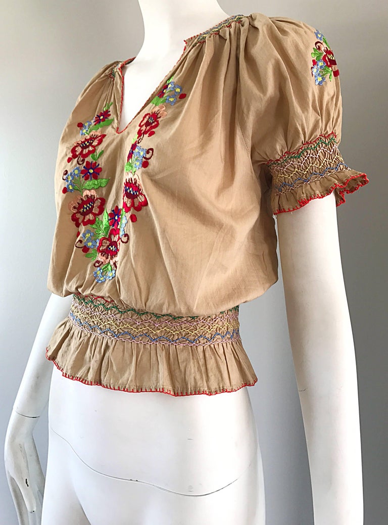 1940s Hungarian Embroidered Khaki Peasant Vintage 40s Smocked Crop Top ...