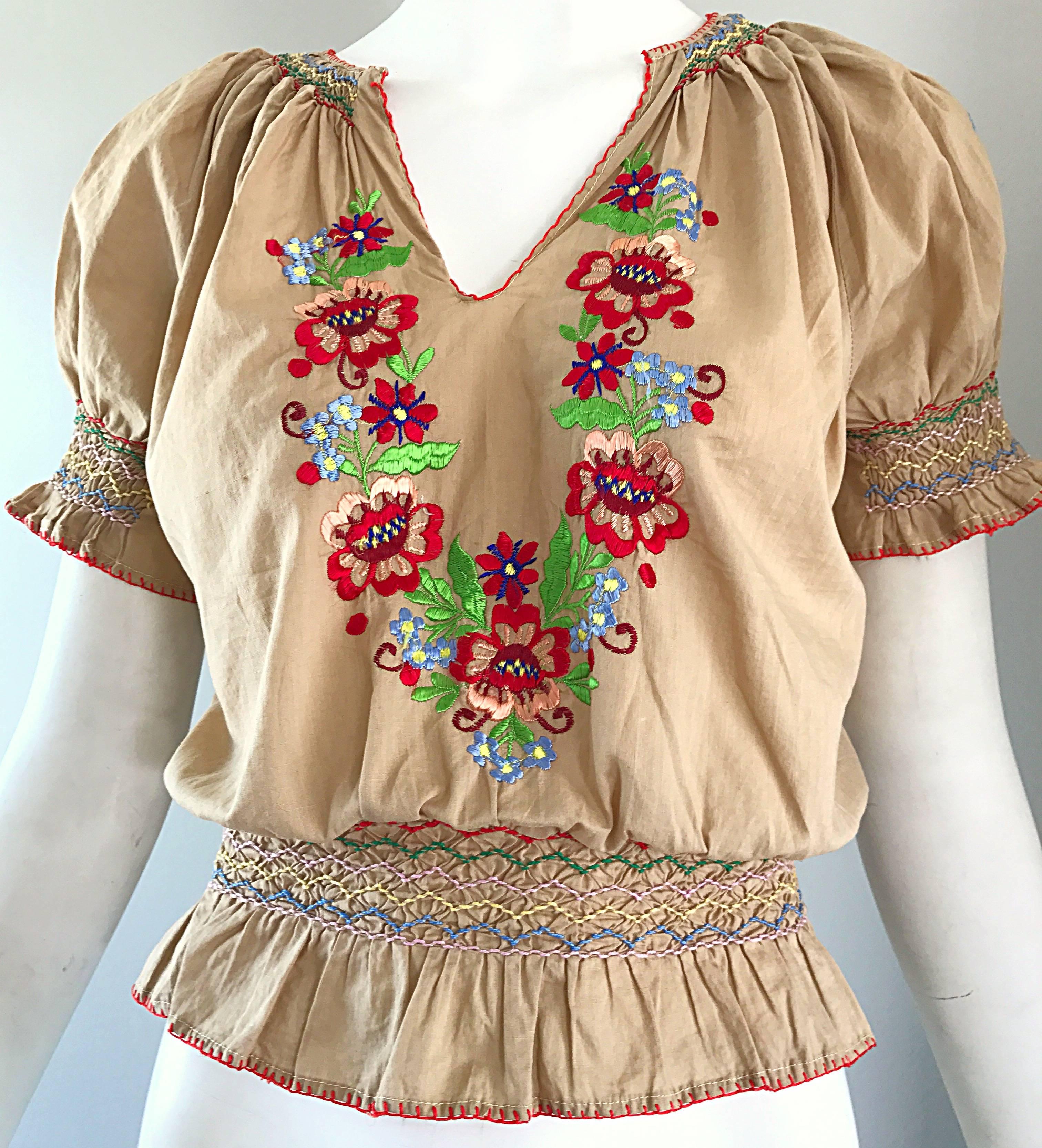 Brown 1940s Hungarian Embroidered Khaki Peasant Vintage 40s Smocked Crop Top Blouse 