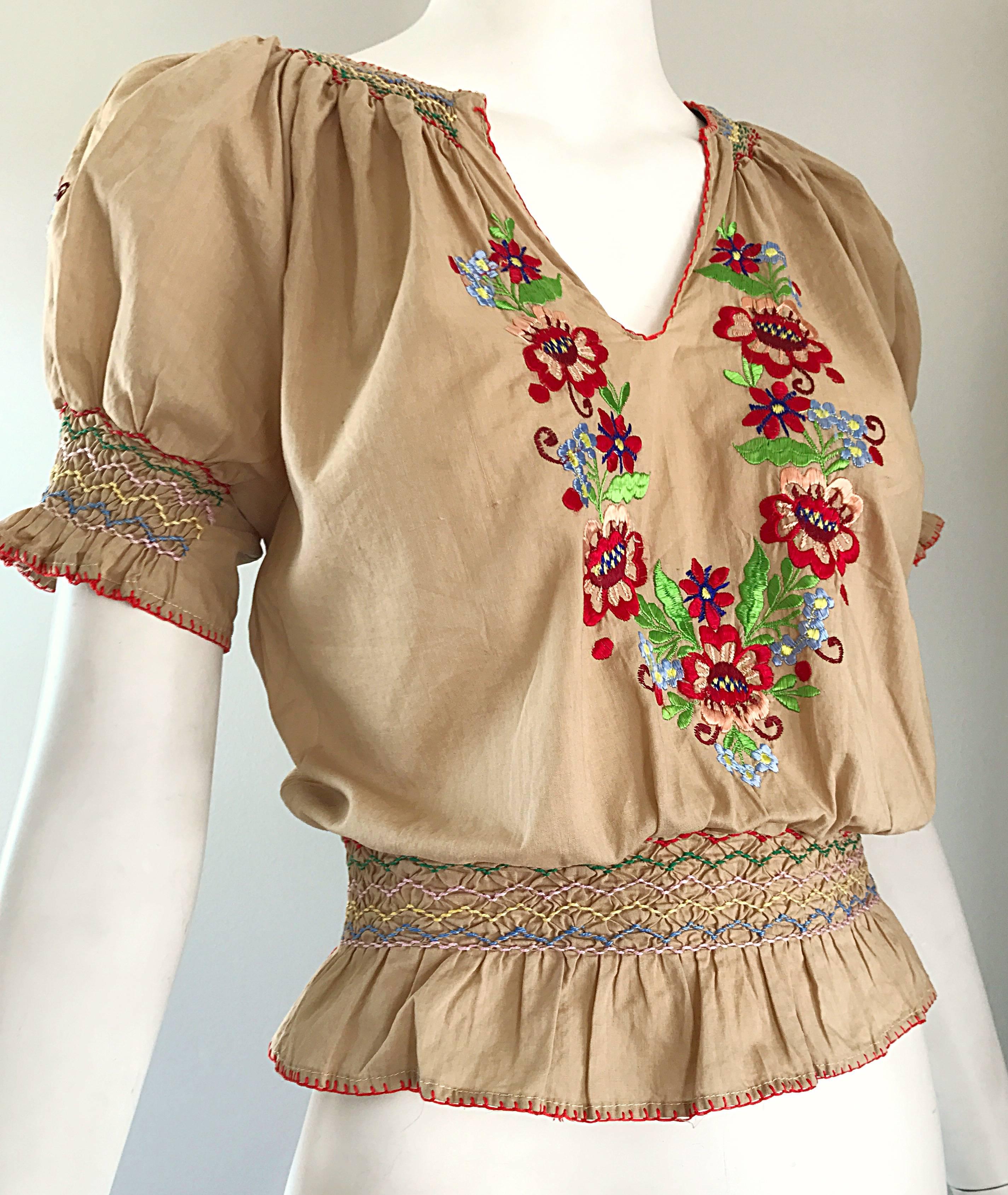 1940s Hungarian Embroidered Khaki Peasant Vintage 40s Smocked Crop Top Blouse  1