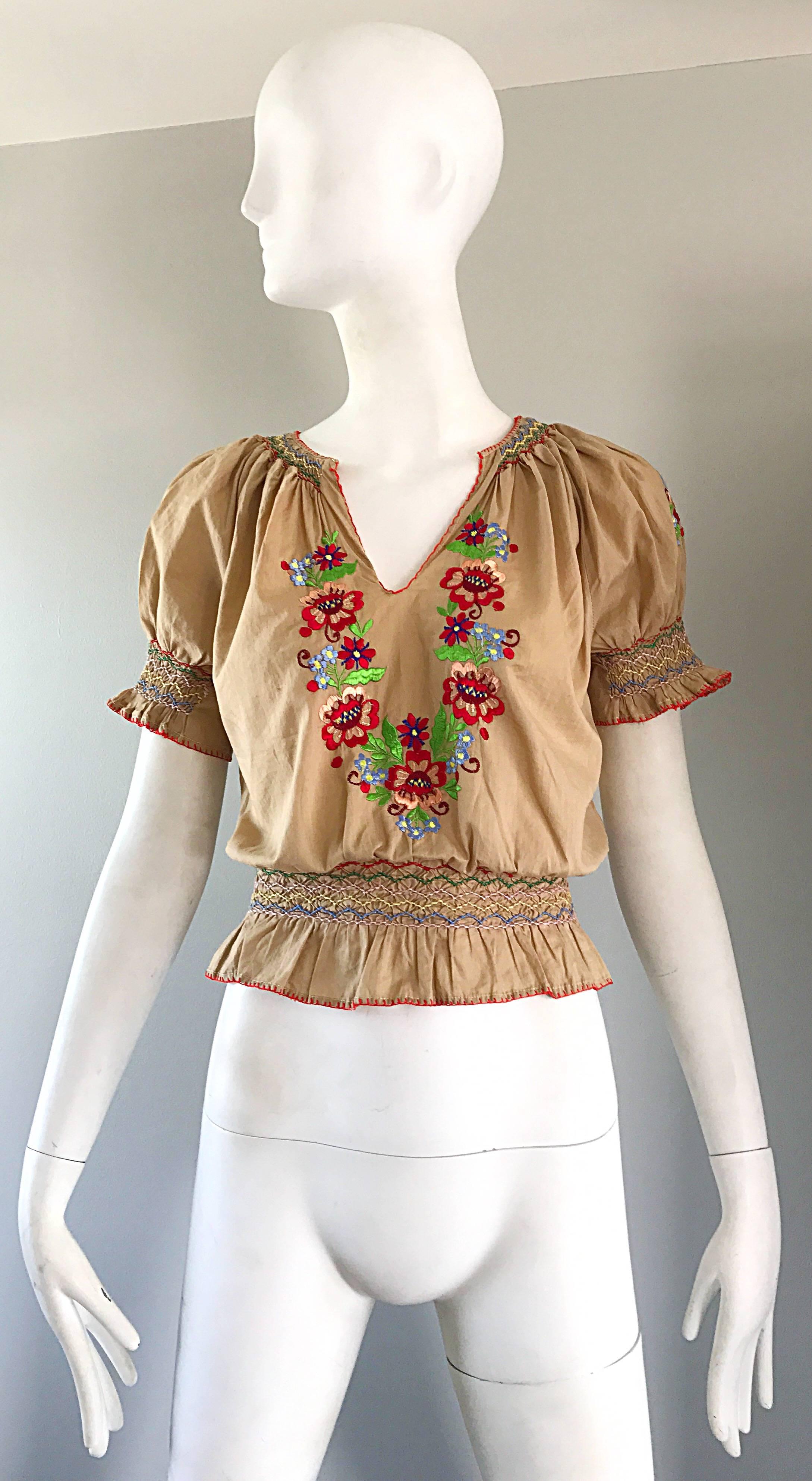 1940s Hungarian Embroidered Khaki Peasant Vintage 40s Smocked Crop Top Blouse  2