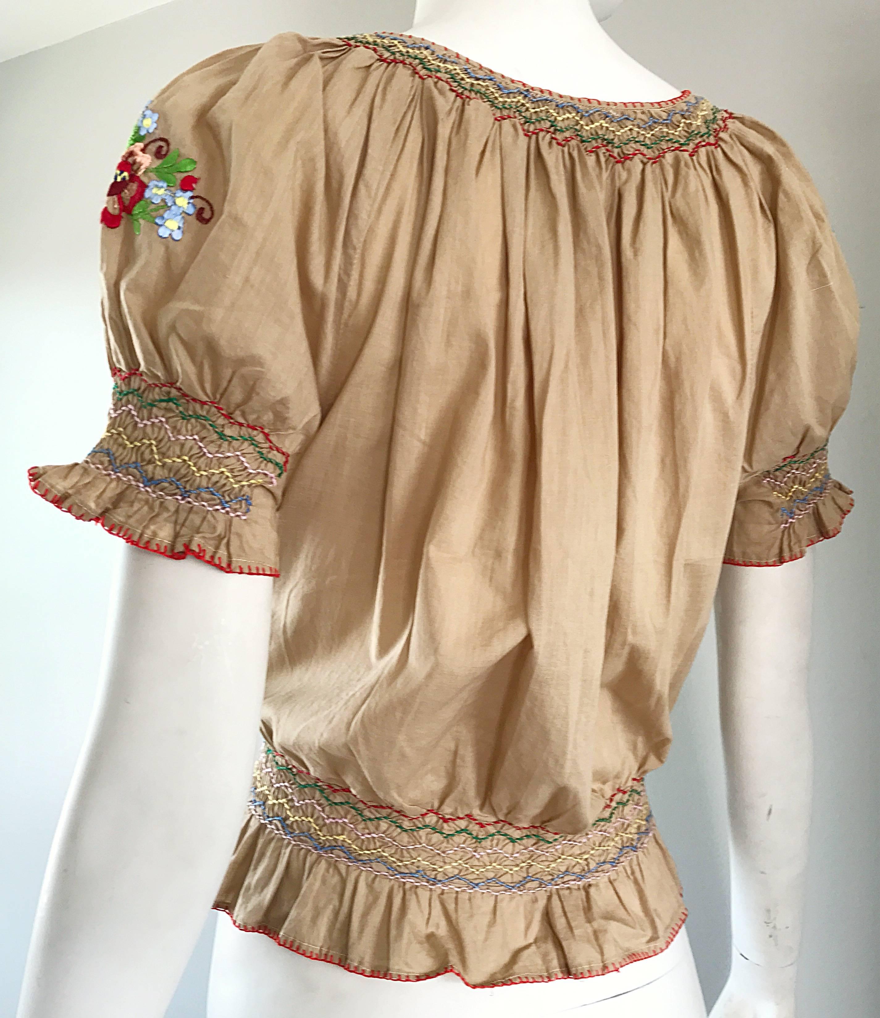 Women's 1940s Hungarian Embroidered Khaki Peasant Vintage 40s Smocked Crop Top Blouse 