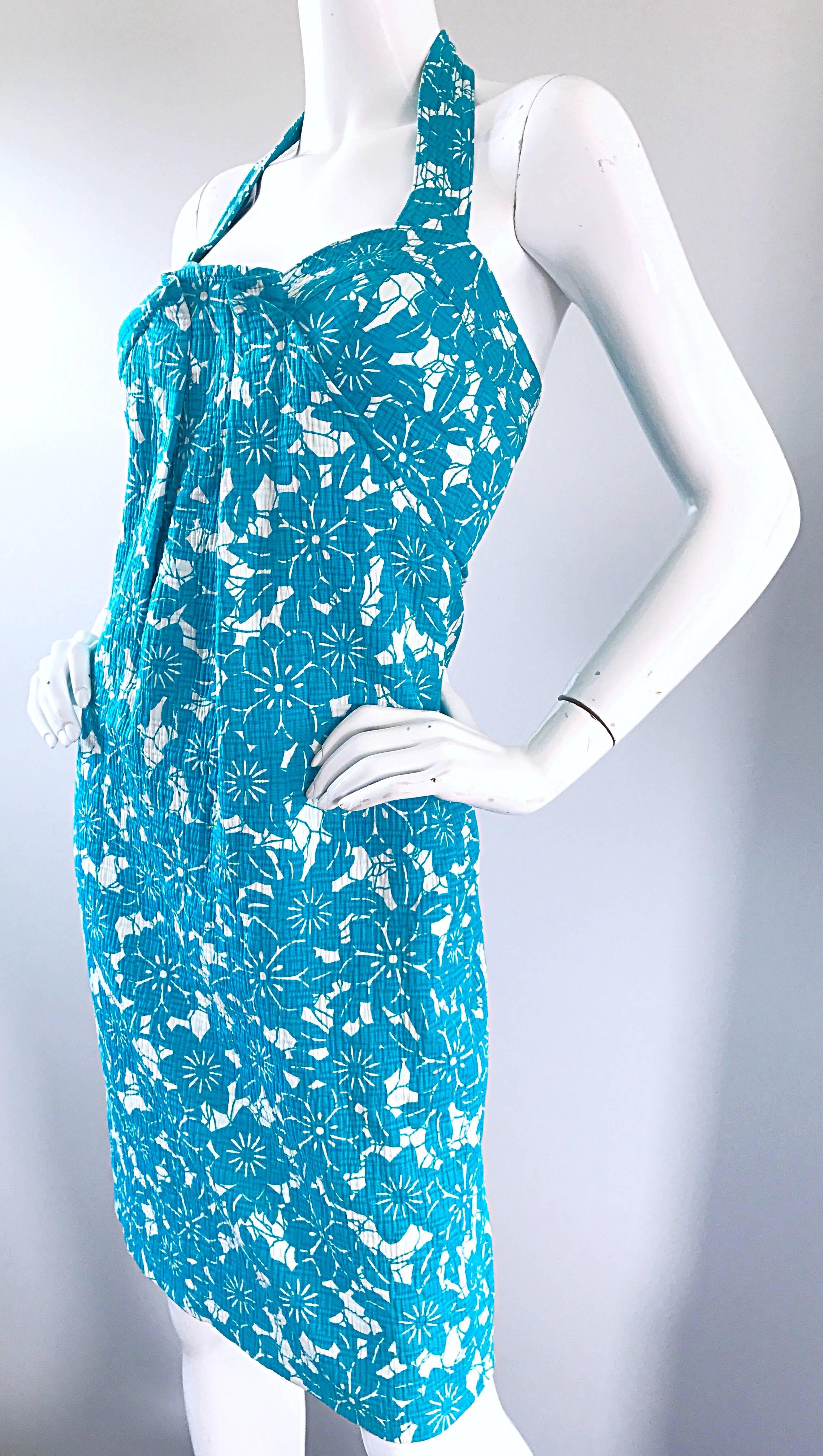 Women's Vintage Oscar de la Renta 1990s Turquoise Blue + White Hawaiian 90s Halter Dress For Sale