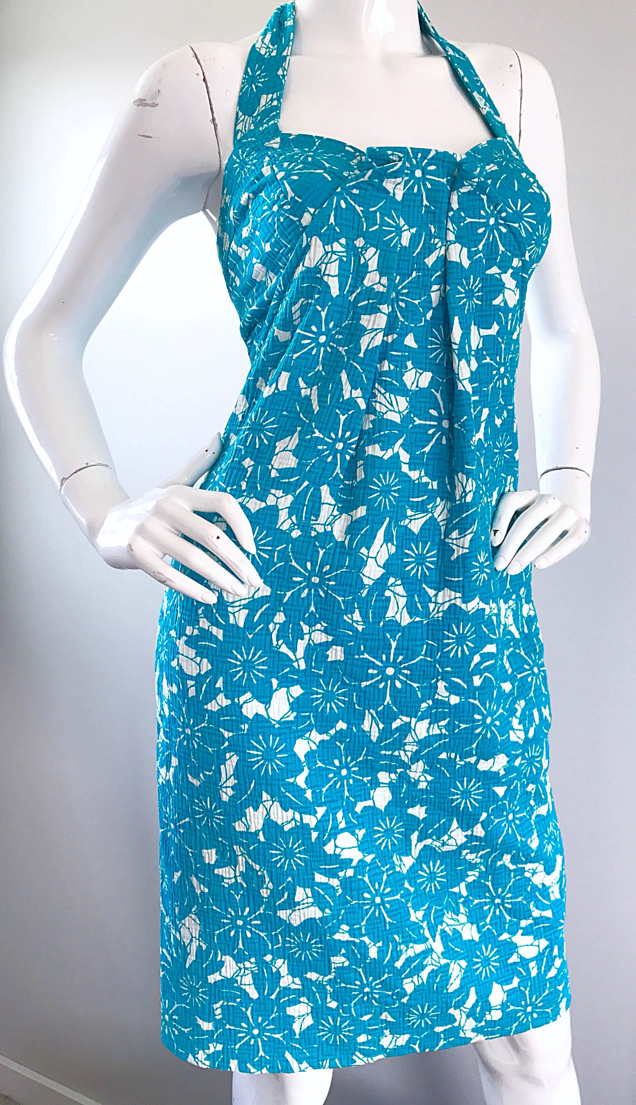 Vintage Oscar de la Renta 1990s Turquoise Blue + White Hawaiian 90s Halter Dress For Sale 1