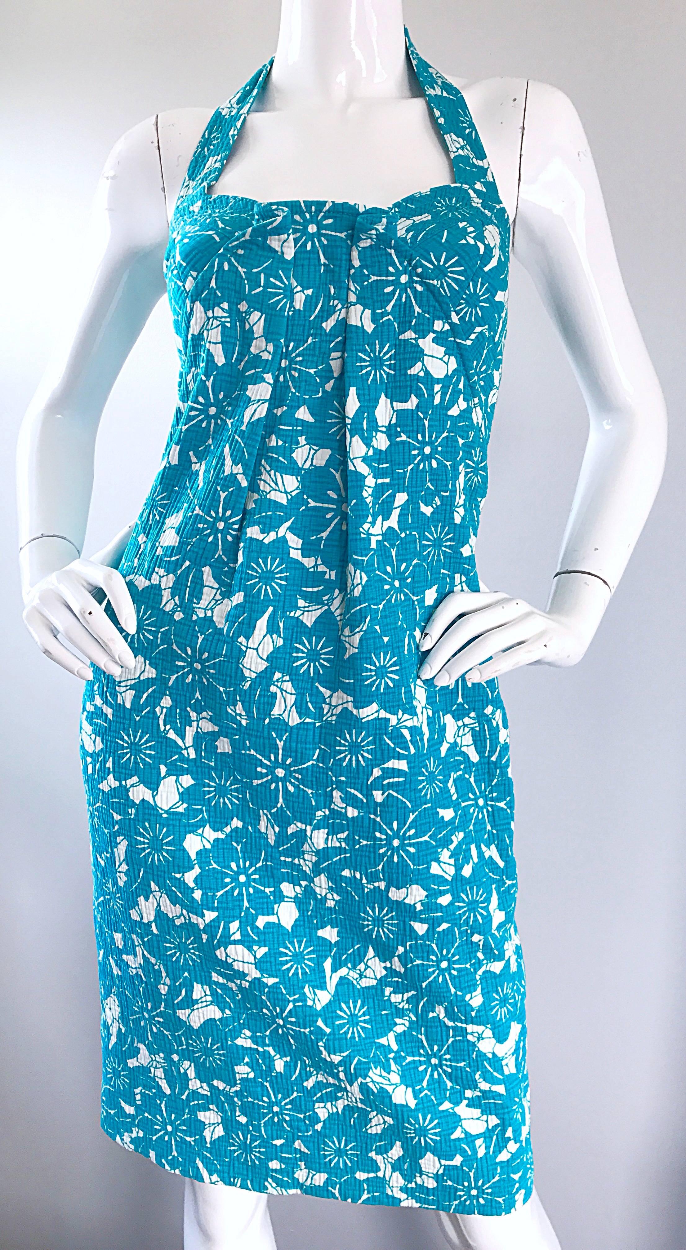 Vintage Oscar de la Renta 1990s Turquoise Blue + White Hawaiian 90s Halter Dress For Sale 2