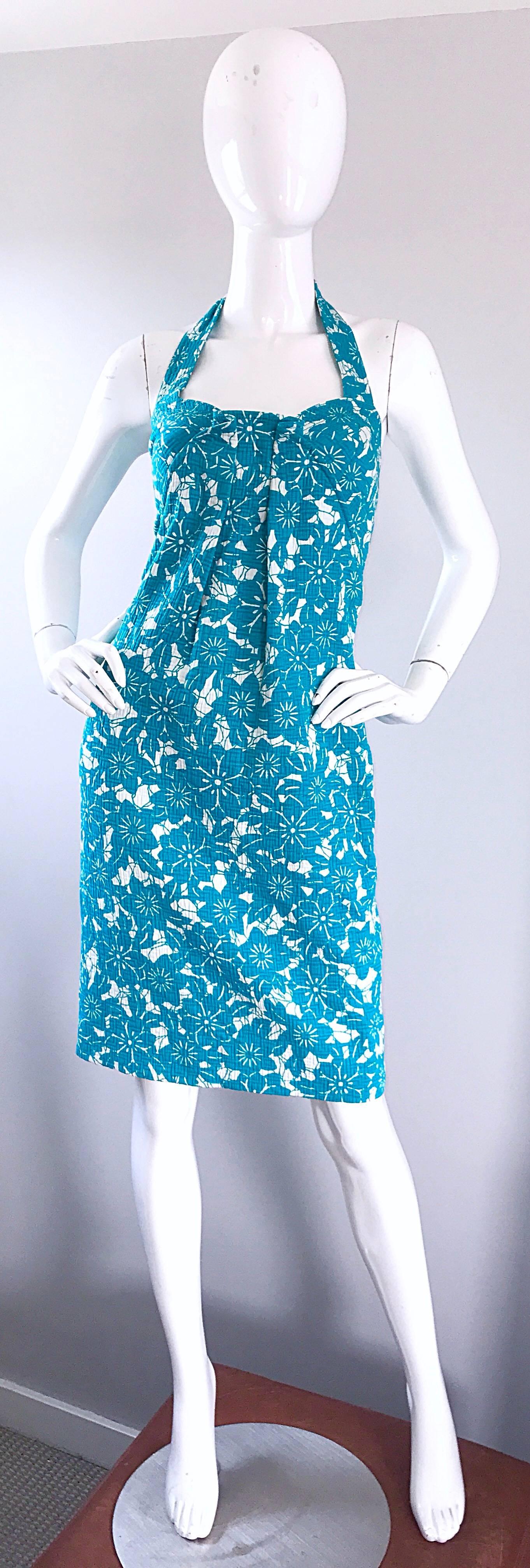 Vintage Oscar de la Renta 1990s Turquoise Blue + White Hawaiian 90s Halter Dress For Sale 4