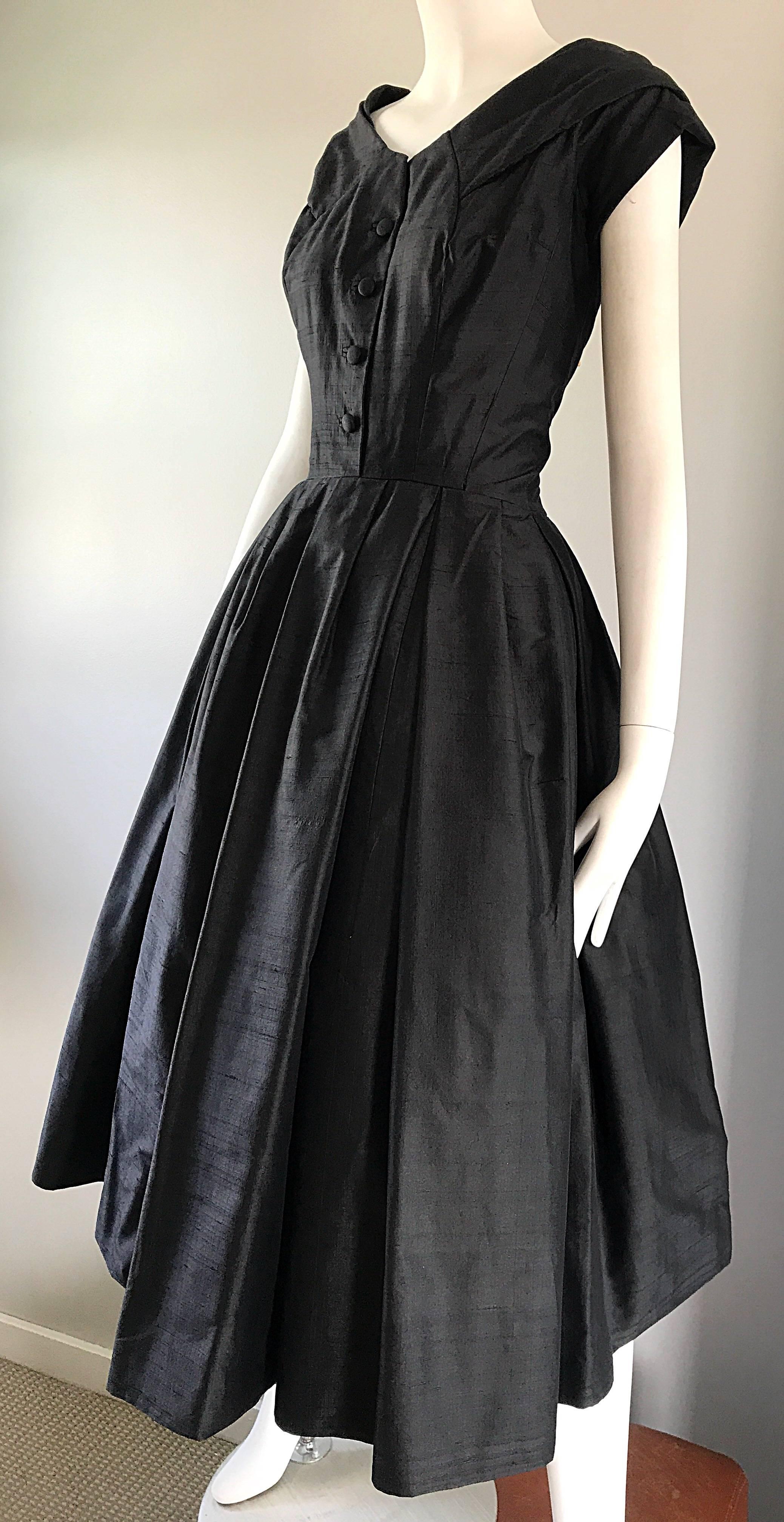 Women's Rare 1950s Christian Dior Haute Couture ' New Look ' Vintage Black Silk Dress