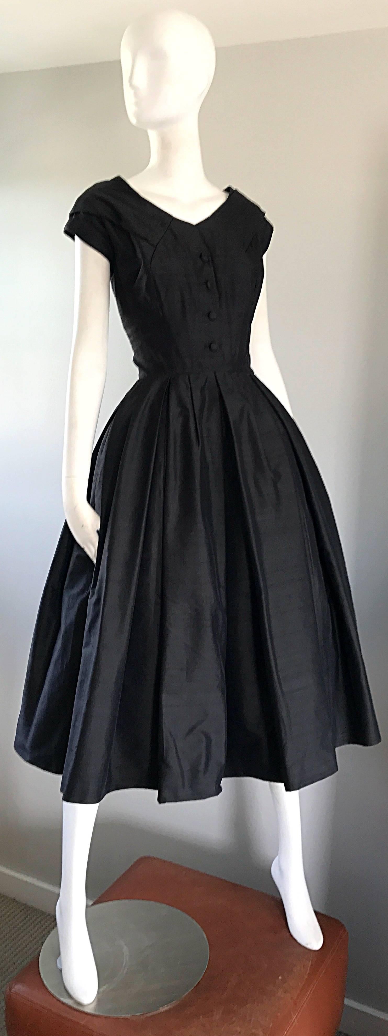 Rare 1950s Christian Dior Haute Couture ' New Look ' Vintage Black Silk Dress 1