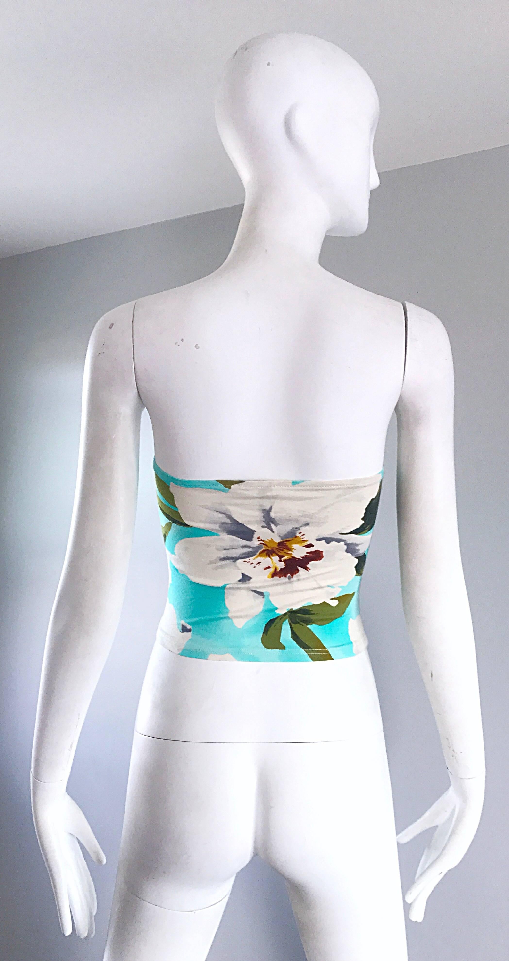 Verde 1990s Cacharel Hawaiian Tropical Print Sexy Vintage 90s Strapless Crop Tube Top in vendita