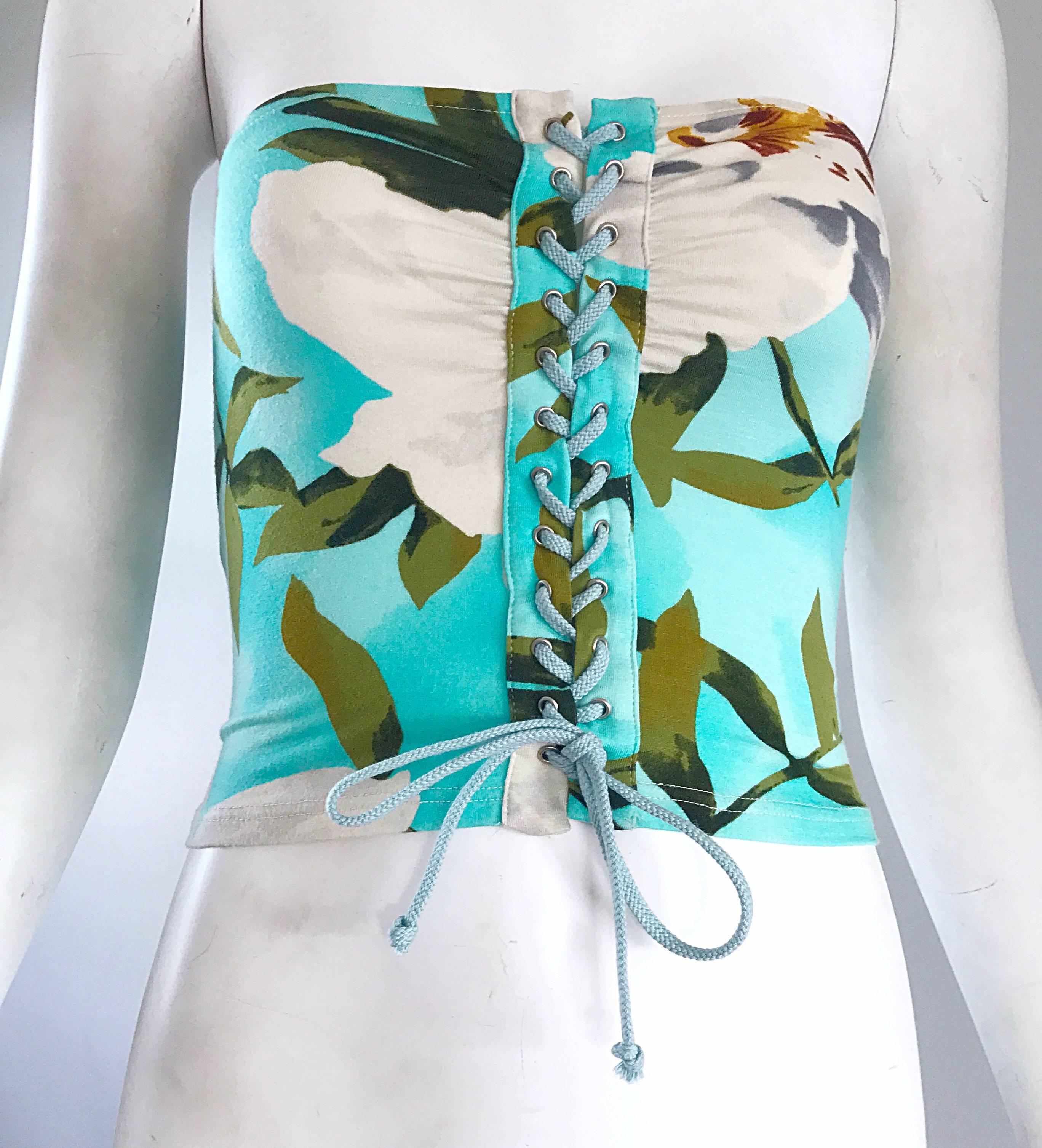 Green 1990s Cacharel Hawaiian Tropical Print Sexy Vintage 90s Strapless Crop Tube Top For Sale