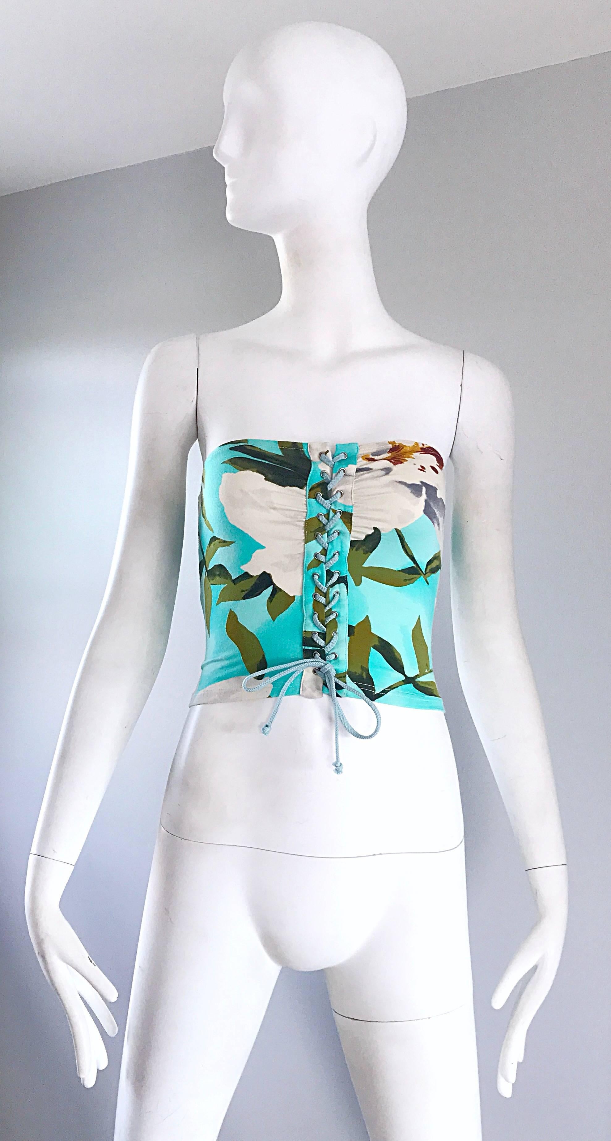 1990s Cacharel Hawaiian Tropical Print Sexy Vintage 90s Strapless Crop Tube Top For Sale 1