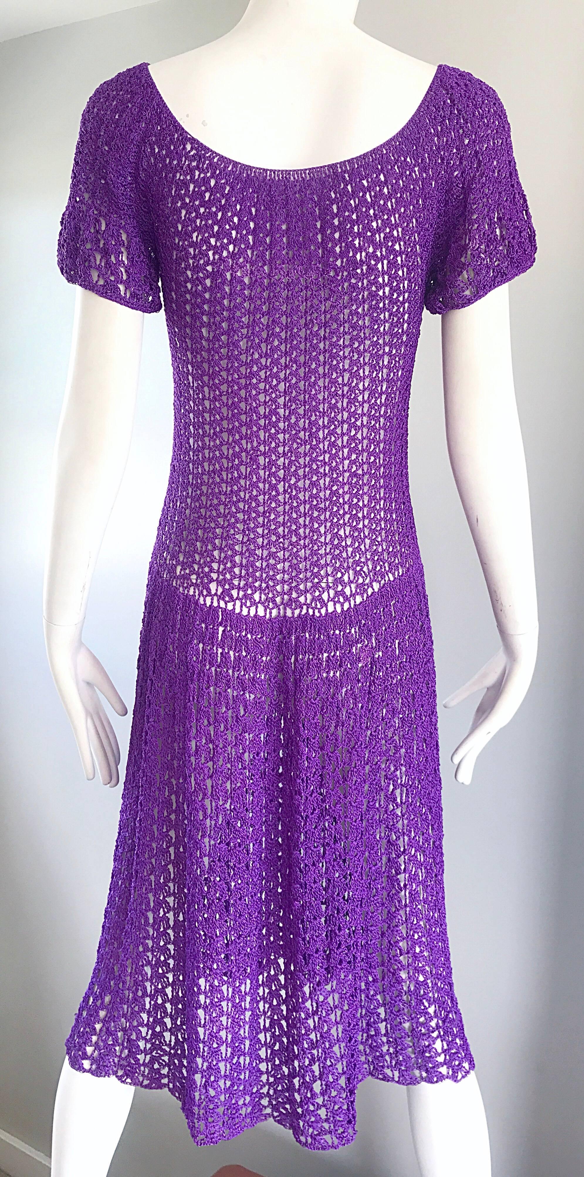 Women's Chic 1960s Purple Italian Rayon Hand Crochet Vintage Semi Sheer 60s Dress  For Sale