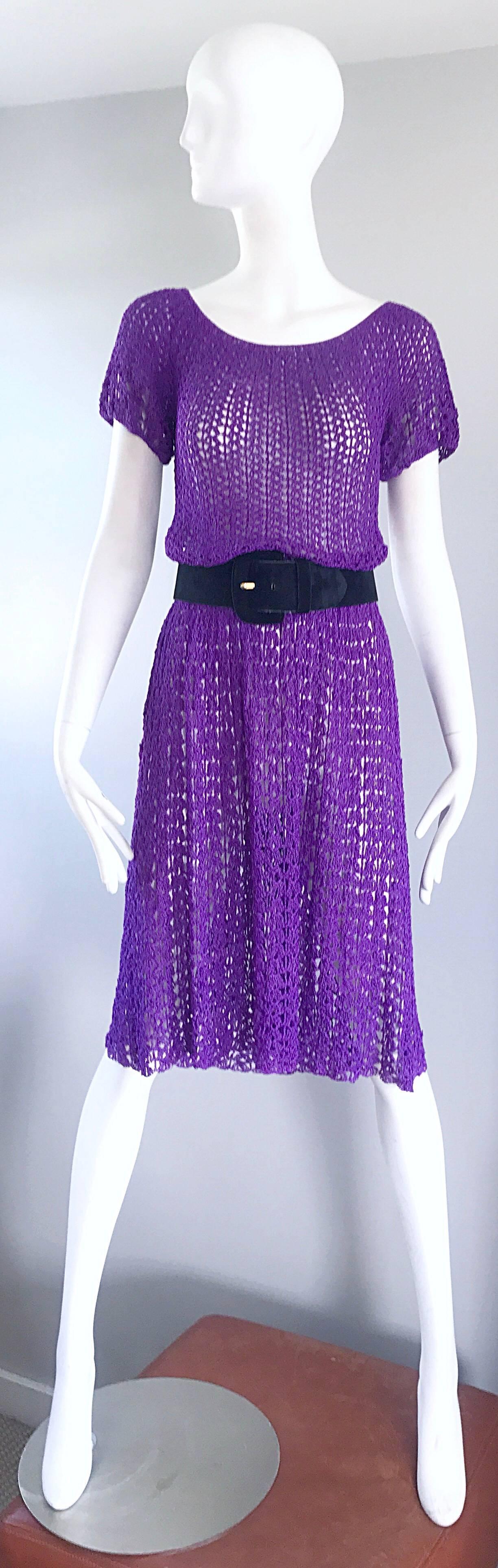 Chic 1960s Purple Italian Rayon Hand Crochet Vintage Semi Sheer 60s Dress  In Excellent Condition For Sale In San Diego, CA