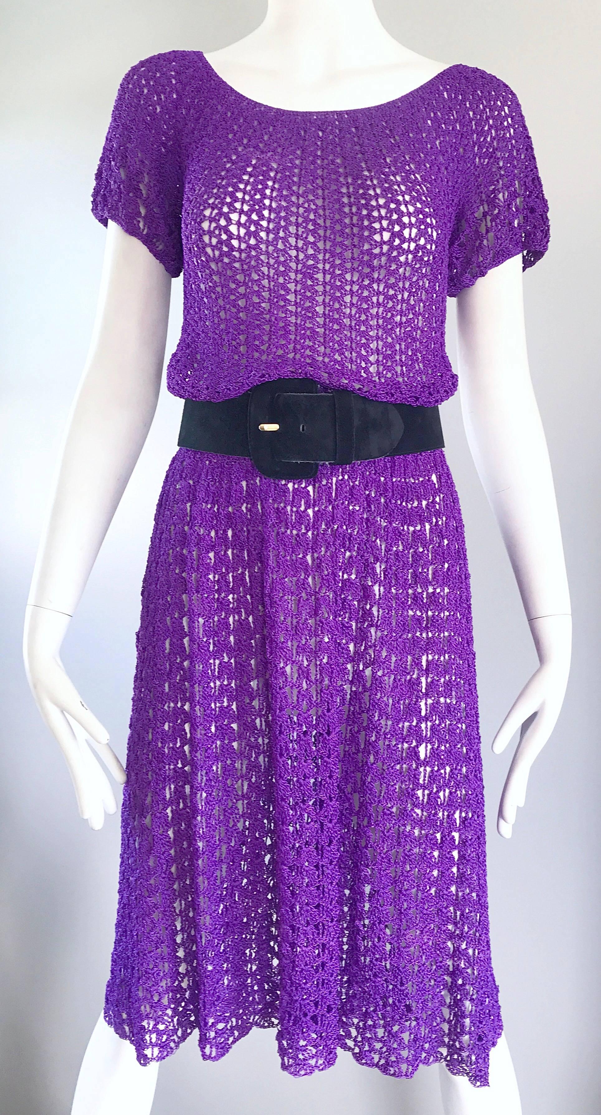 Chic 1960s Purple Italian Rayon Hand Crochet Vintage Semi Sheer 60s Dress  For Sale 1
