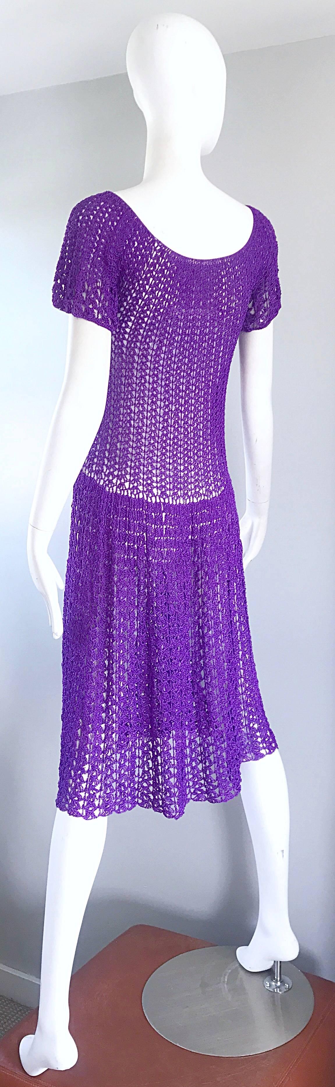 Chic 1960s Purple Italian Rayon Hand Crochet Vintage Semi Sheer 60s Dress  For Sale 2
