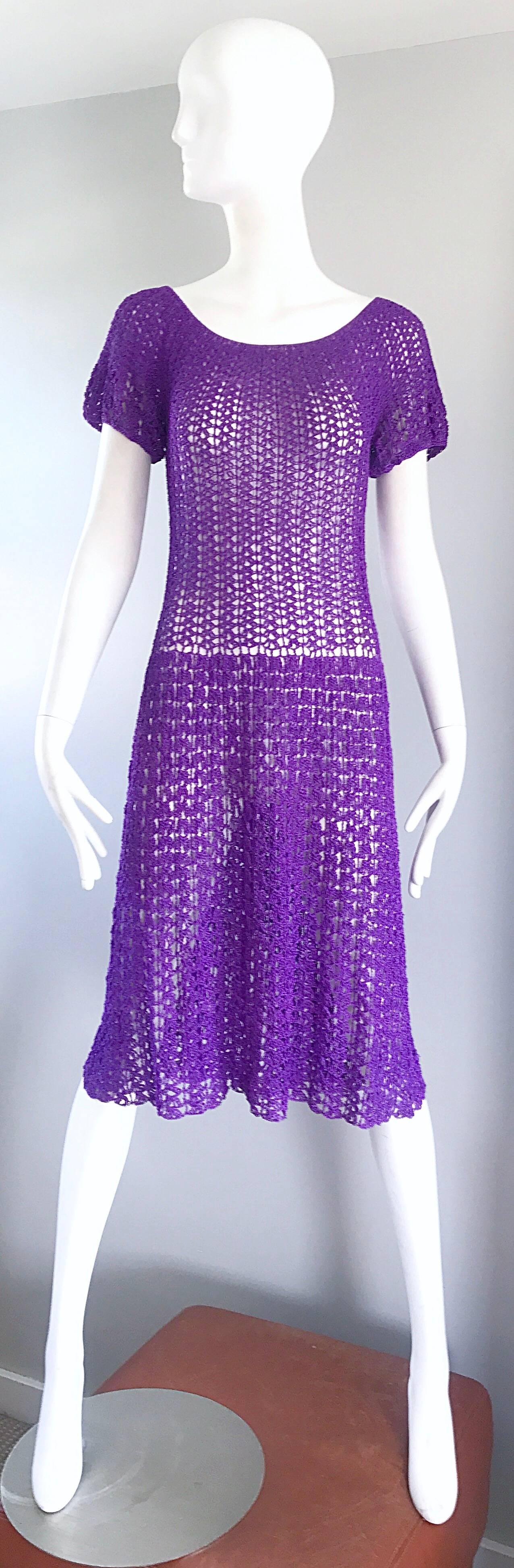 Chic 1960s Purple Italian Rayon Hand Crochet Vintage Semi Sheer 60s Dress  For Sale 3