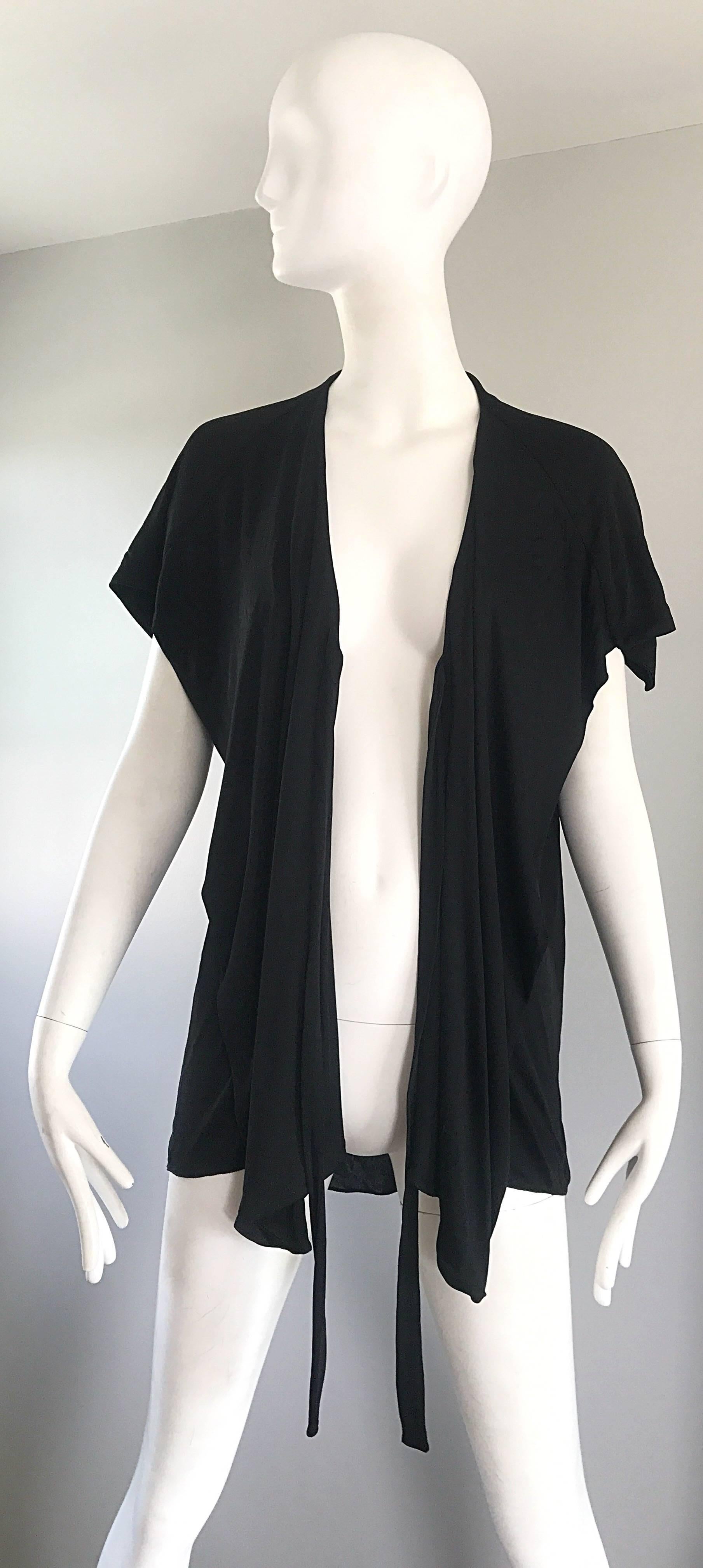 1970s Holly's Harp Early Label Black Silk Jersey Boho Wrap Cardigan Vintage Top 1