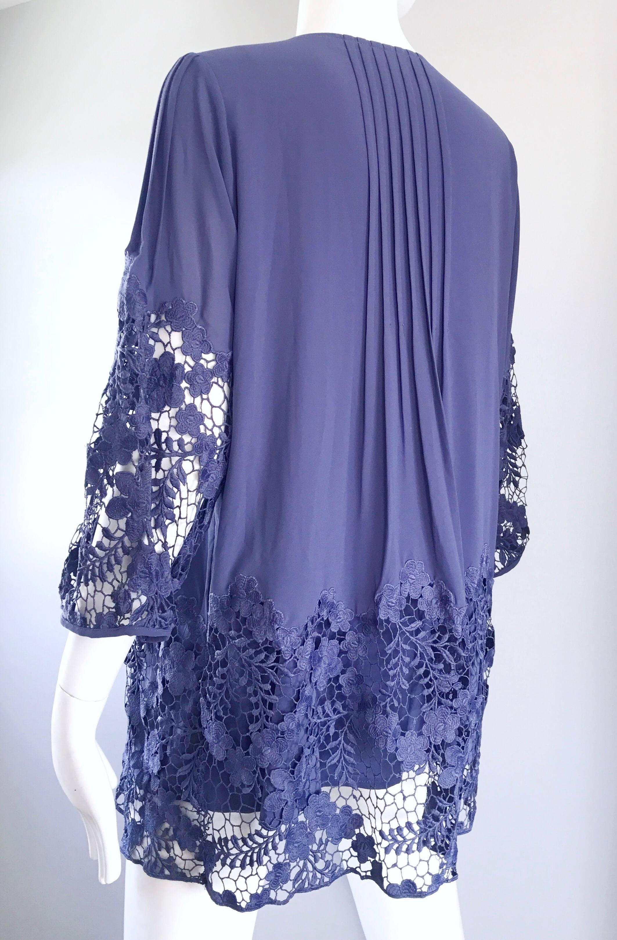 Enzo Gevonni Vintage Perwinkle Púrpura Babydoll de ganchillo Vintage Mini Vestido Túnica en venta 3