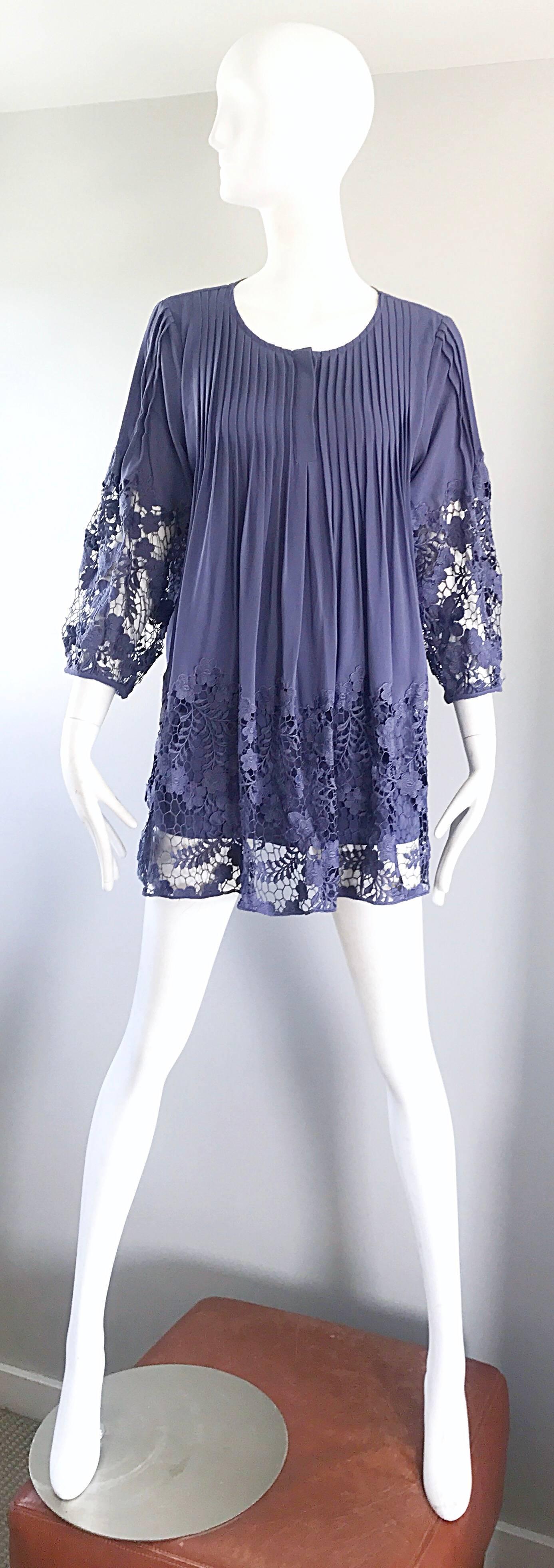 Enzo Gevonni Vintage Perwinkle Purple Crochet Babydoll Vintage Mini Dress Tunic For Sale 1