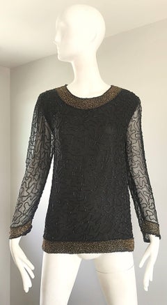Stunning Swee Lo 1980s Black + Gold Silk Chiffon Beaded Vintage 80s Blouse Top