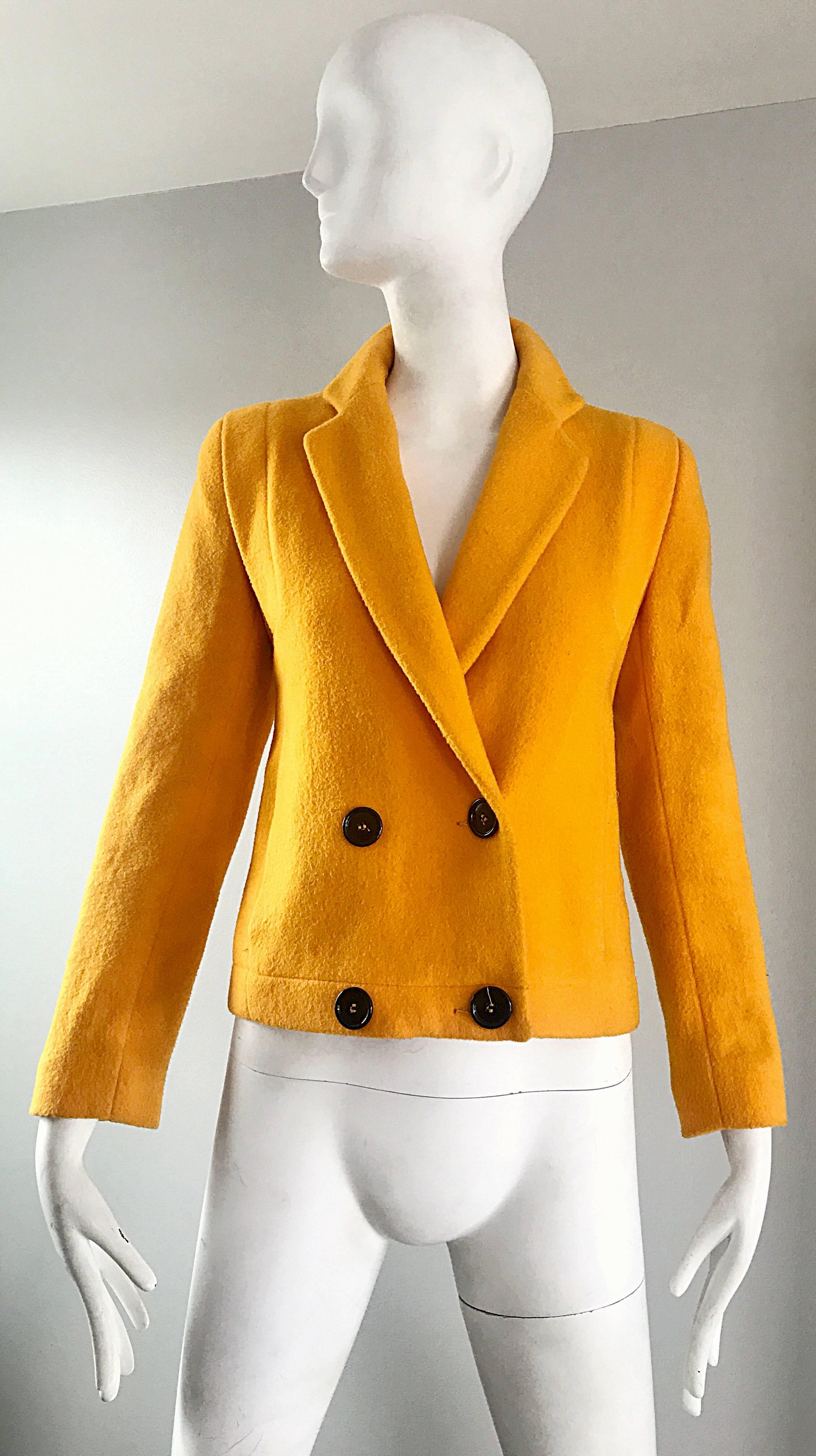Chic 90s GEOFFREY BEENE for LORD & TAYLOR marigold mustard yellow virgin double breasted wool cropped blazer jacket! Features super soft virgin wool. Full lined, with pockets at each side of the waist. Four black buttons up the front. Great with