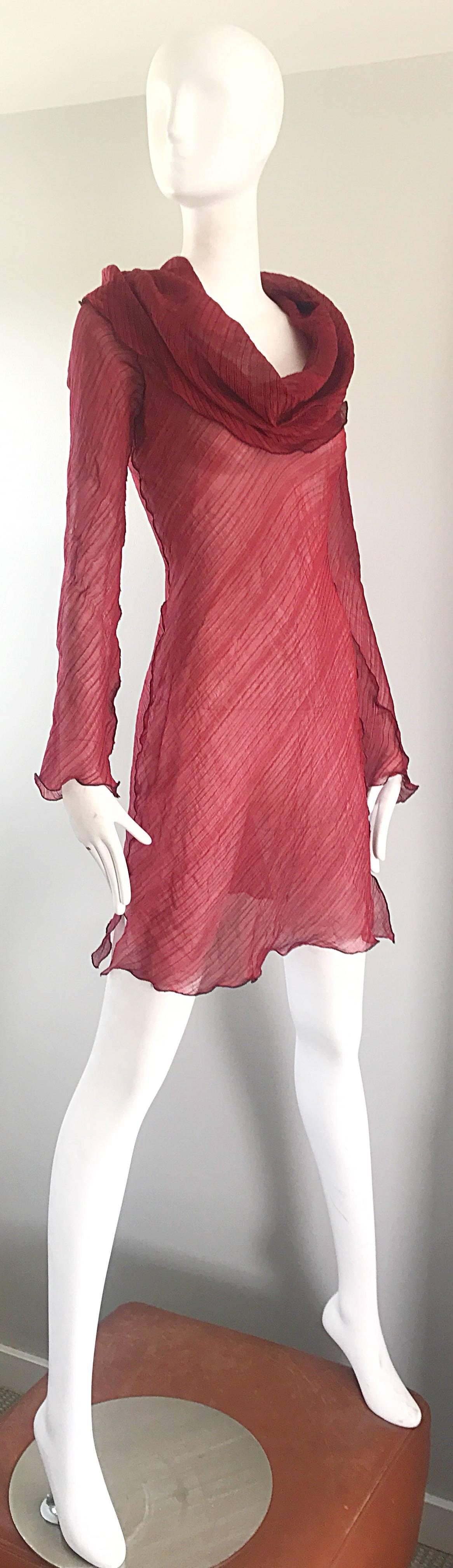 Cari Borja Red Semi Sheer Cowl Neck Silk / Rayon Tunic Dress  In Excellent Condition For Sale In San Diego, CA
