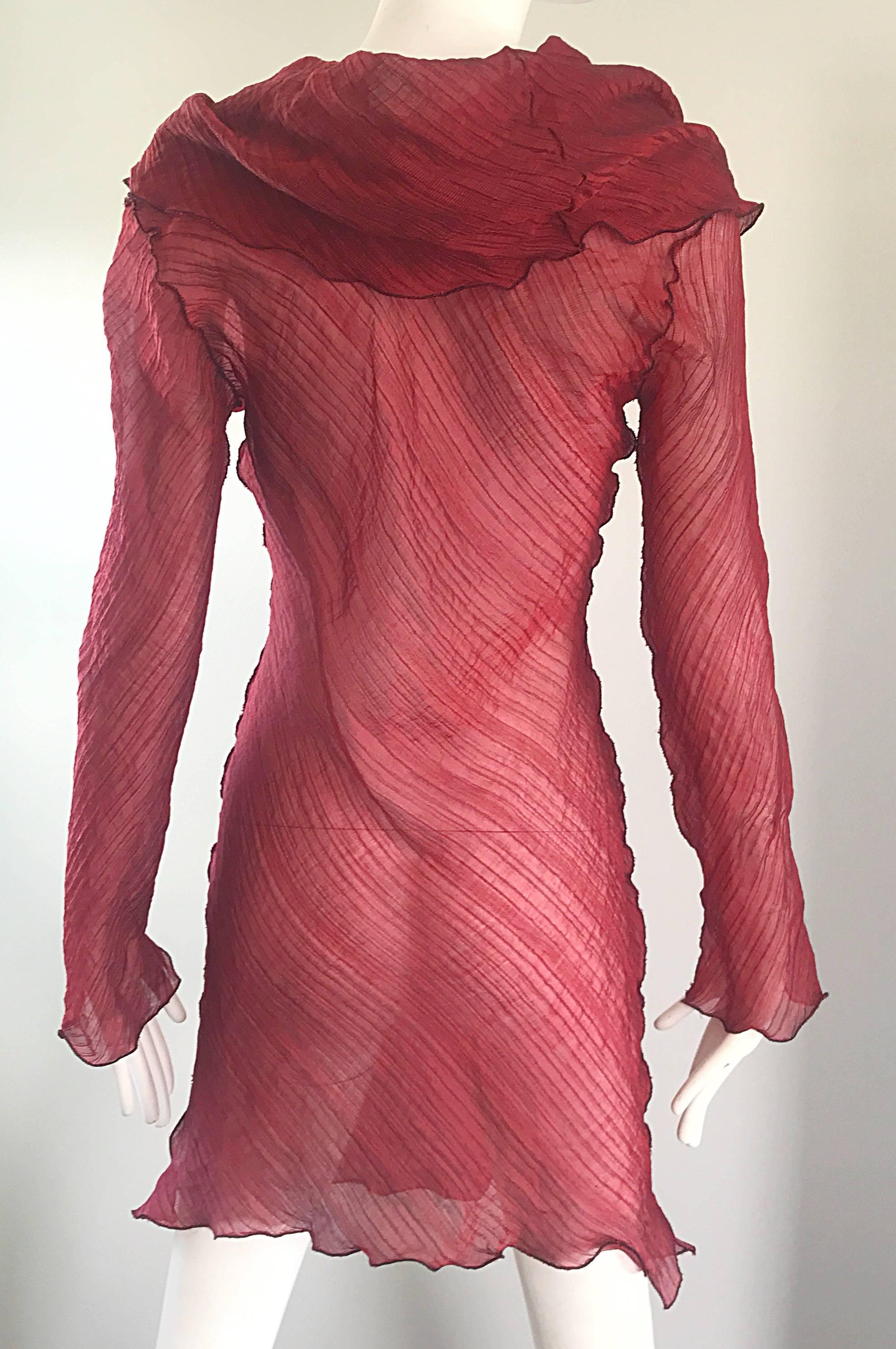 Women's Cari Borja Red Semi Sheer Cowl Neck Silk / Rayon Tunic Dress  For Sale