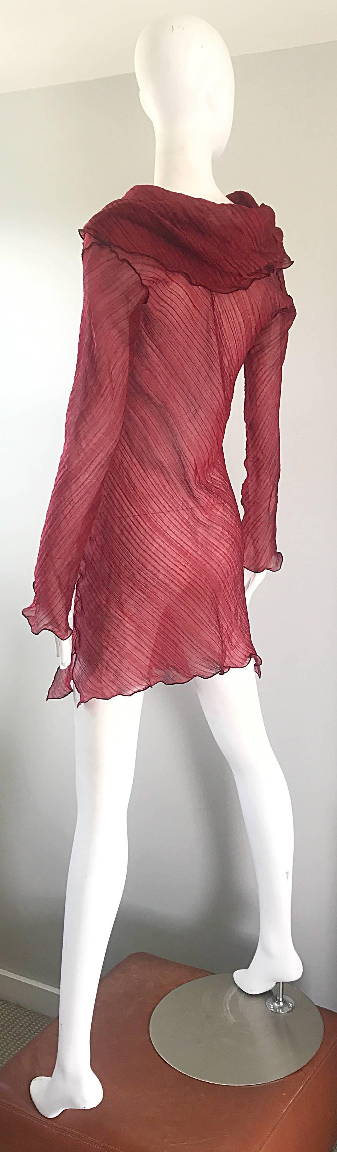 Cari Borja Red Semi Sheer Cowl Neck Silk / Rayon Tunic Dress  For Sale 1