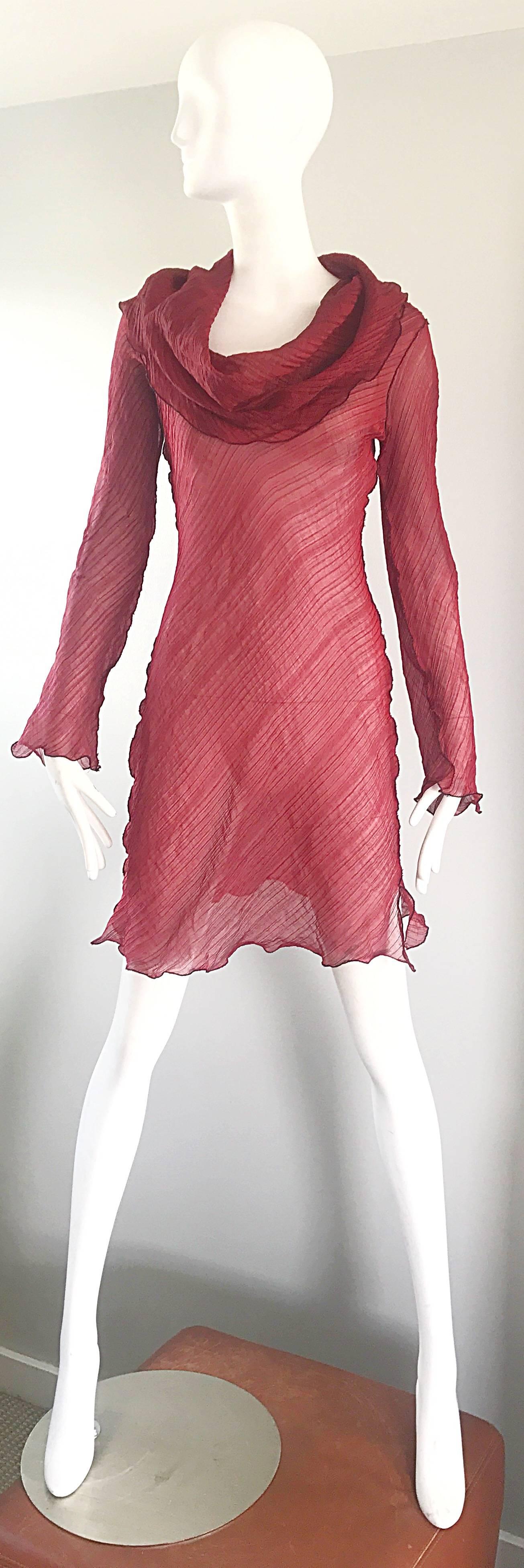 Cari Borja Red Semi Sheer Cowl Neck Silk / Rayon Tunic Dress  For Sale 2