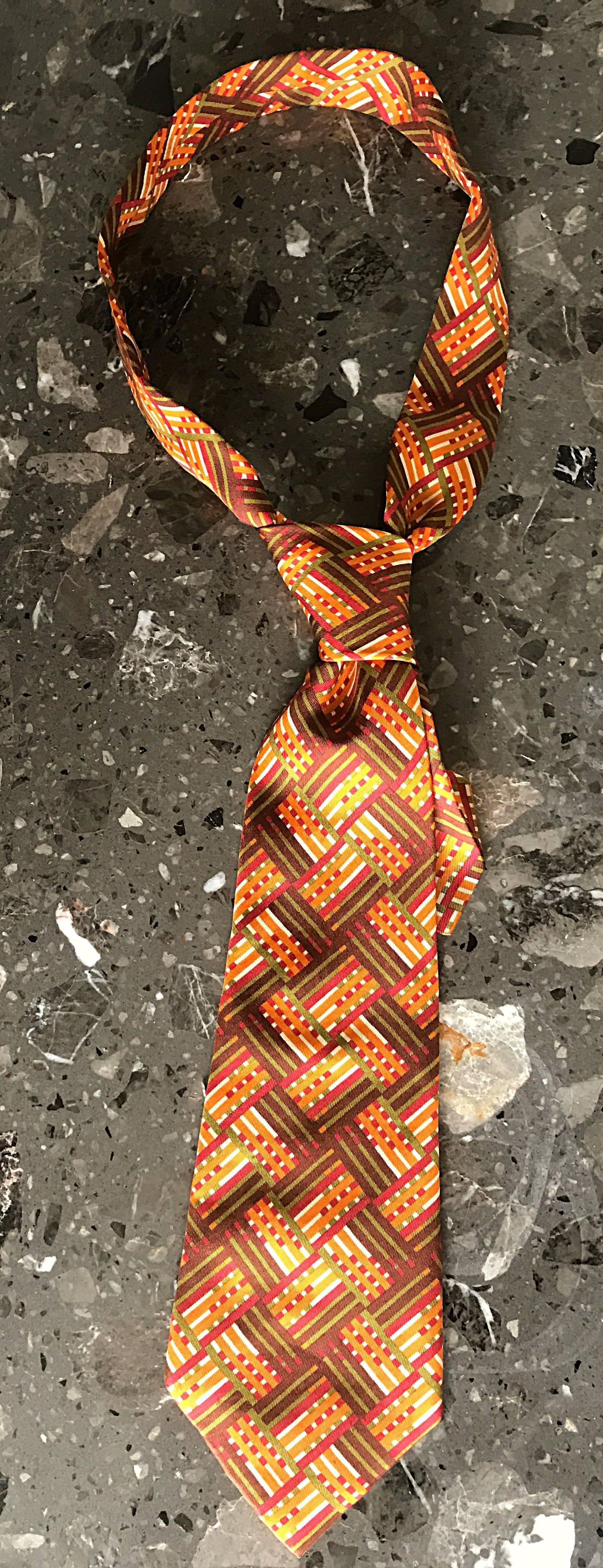 Vintage Hermes Men's 1970s Silk Neck Tie in Brown, Orange and Maroon Plaid  In Excellent Condition For Sale In San Diego, CA