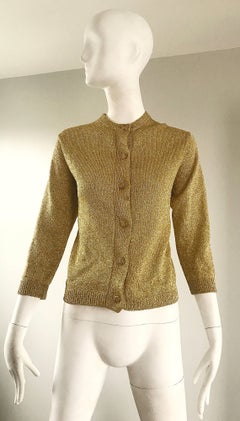 1950s Gold Metallic Lurex 3/4 Sleeves French Made Vintage 50s Cardigan Sweater