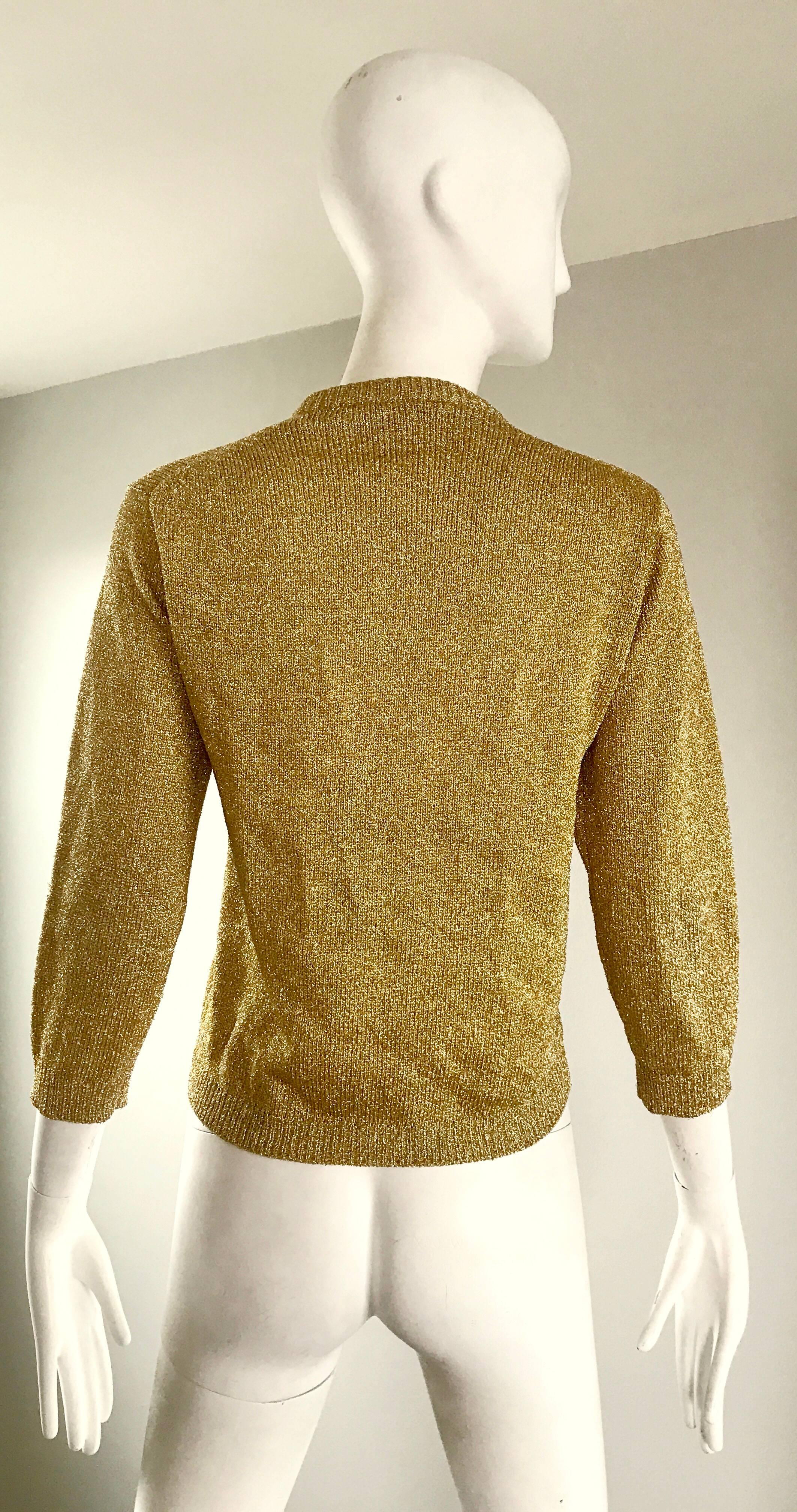 1950er Jahre Gold Metallic Lurex 3/4 Ärmel Französisch Made Vintage 50er Jahre Strickjacke Pullover Damen im Angebot