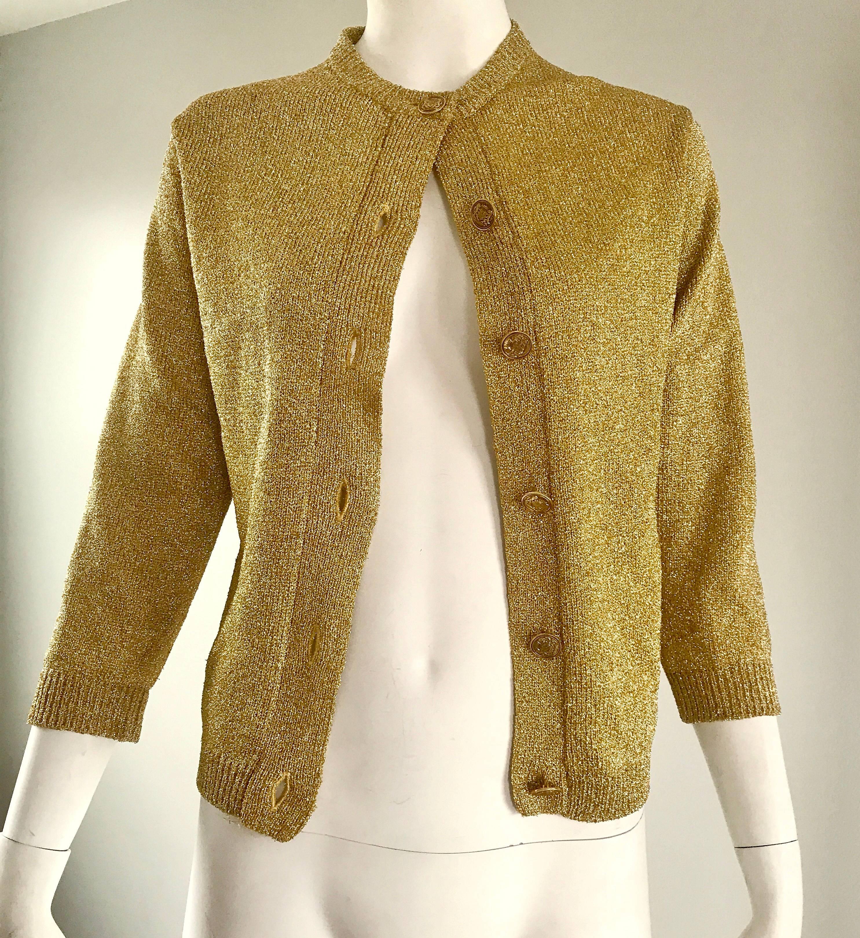 Brown 1950s Gold Metallic Lurex 3/4 Sleeves French Made Vintage 50s Cardigan Sweater For Sale