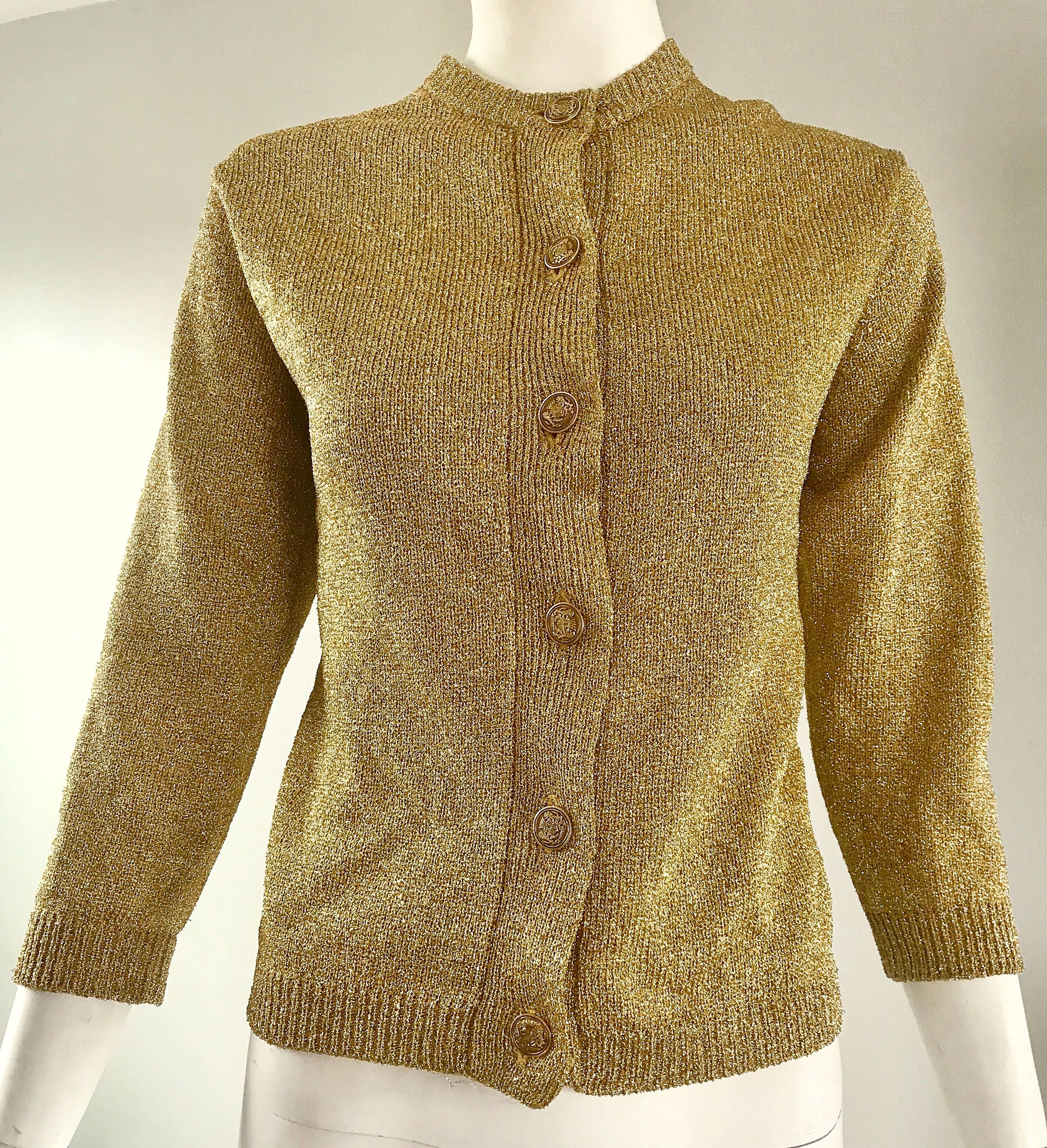 Women's 1950s Gold Metallic Lurex 3/4 Sleeves French Made Vintage 50s Cardigan Sweater For Sale
