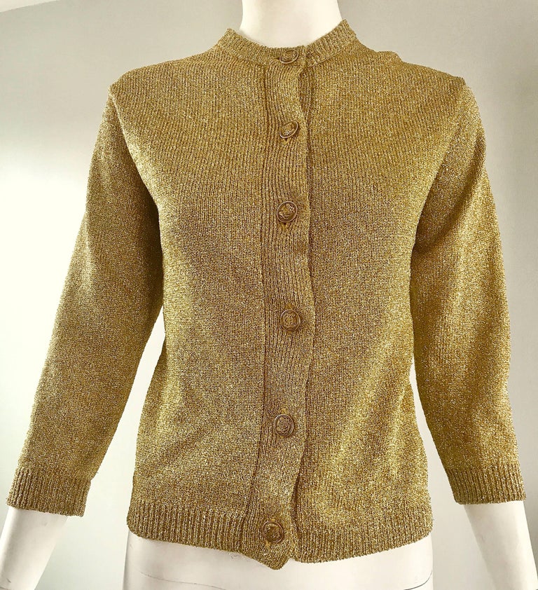 1950s Gold Metallic Lurex 3/4 Sleeves French Made Vintage 50s Cardigan  Sweater For Sale at 1stDibs | gold cardigan sweater, gold lurex cardigan, gold  metallic cardigan